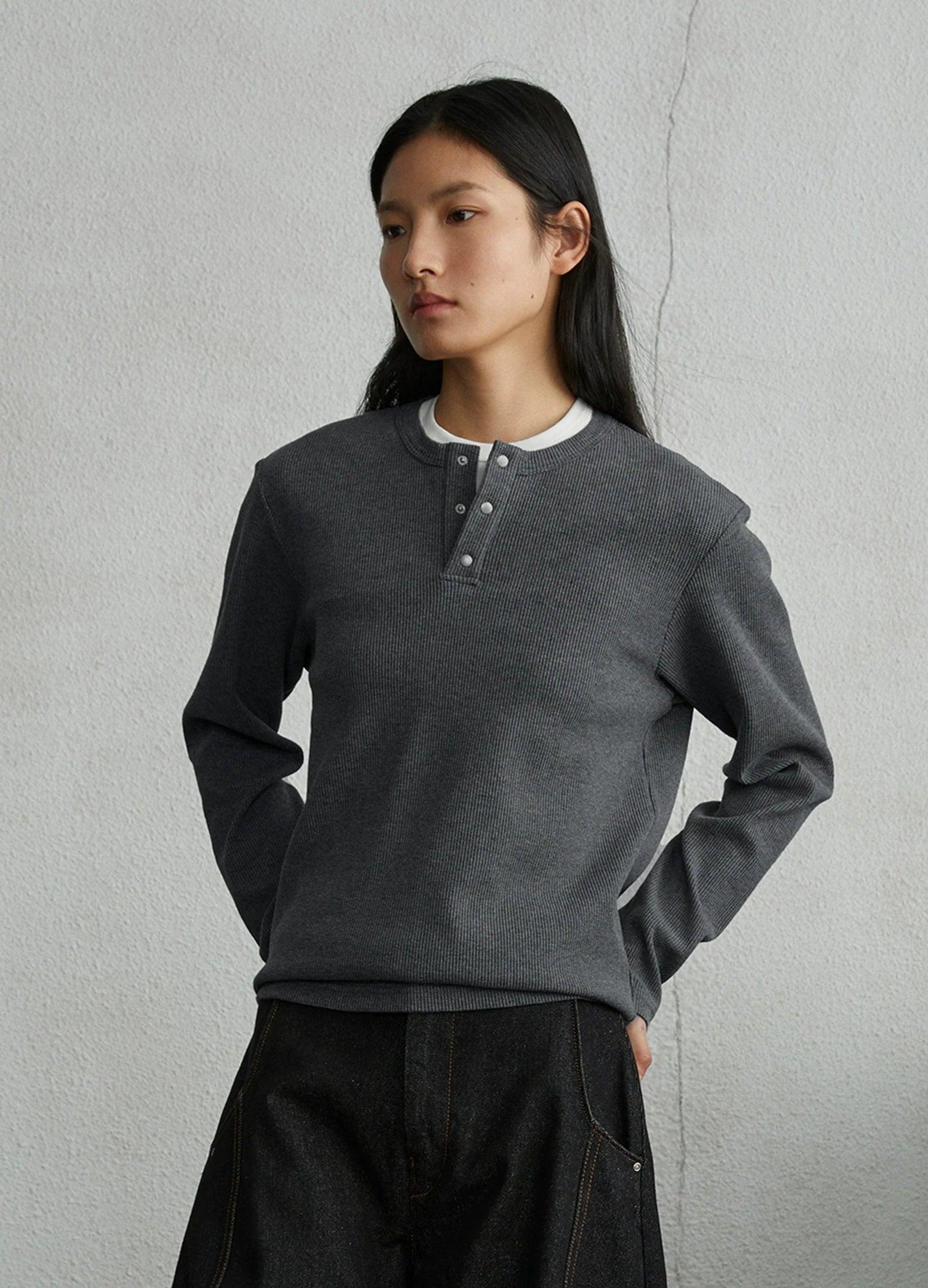 Unisex Waffle Knit Button-Up Long Sleeve Shirt - chiclara