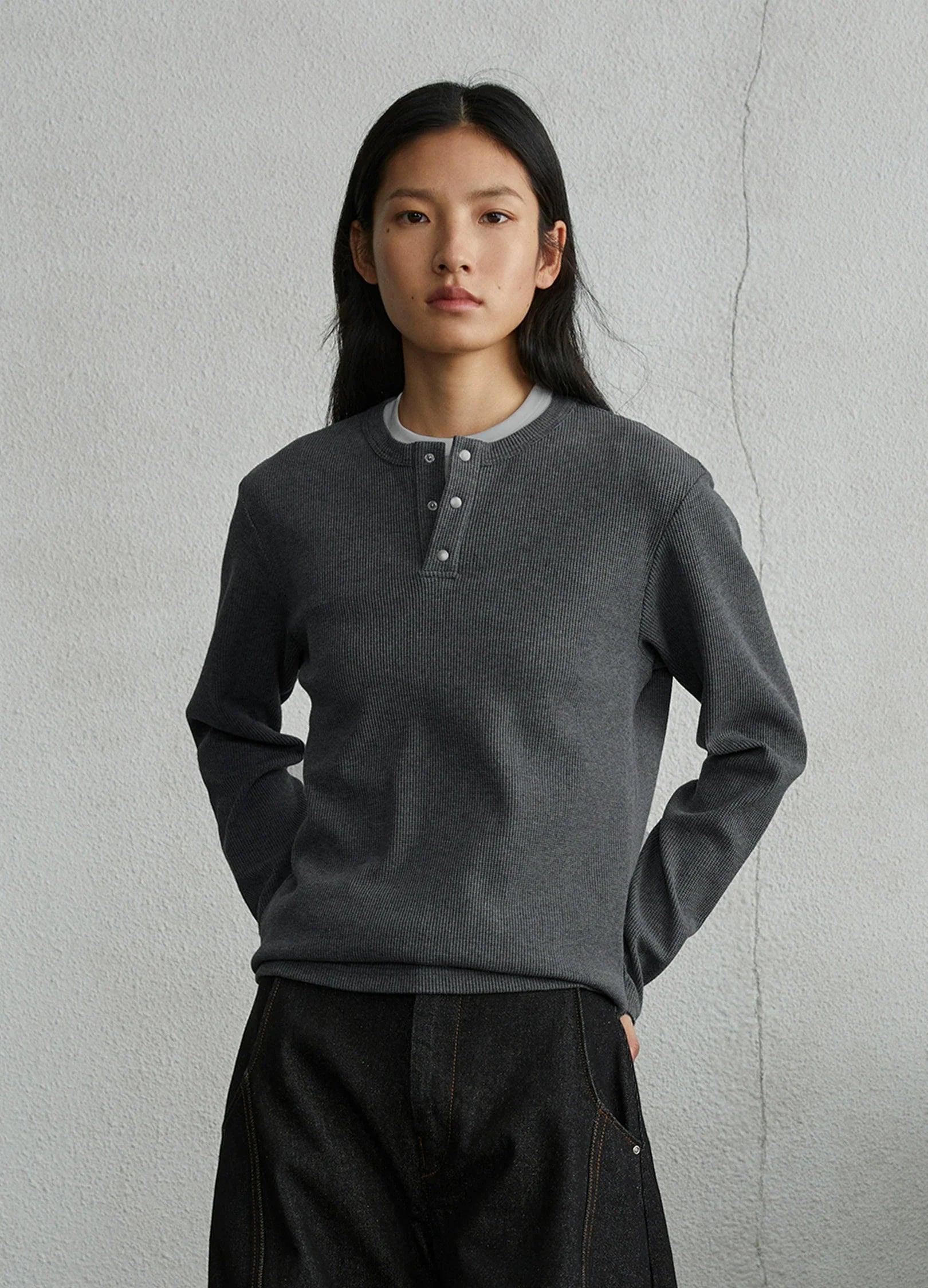 Unisex Waffle Knit Button-Up Long Sleeve Shirt - chiclara