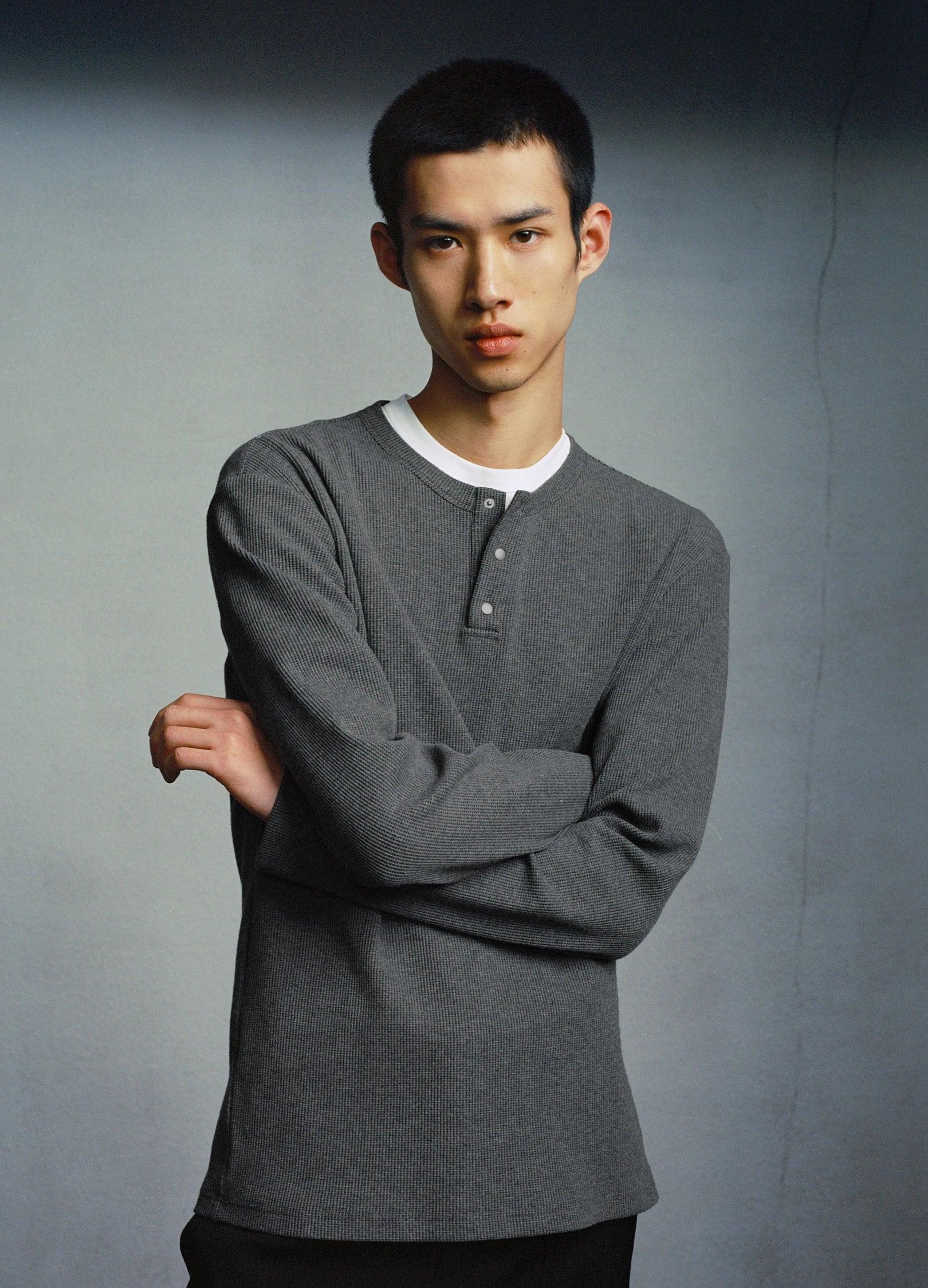 Unisex Waffle Knit Button-Up Long Sleeve Shirt - chiclara