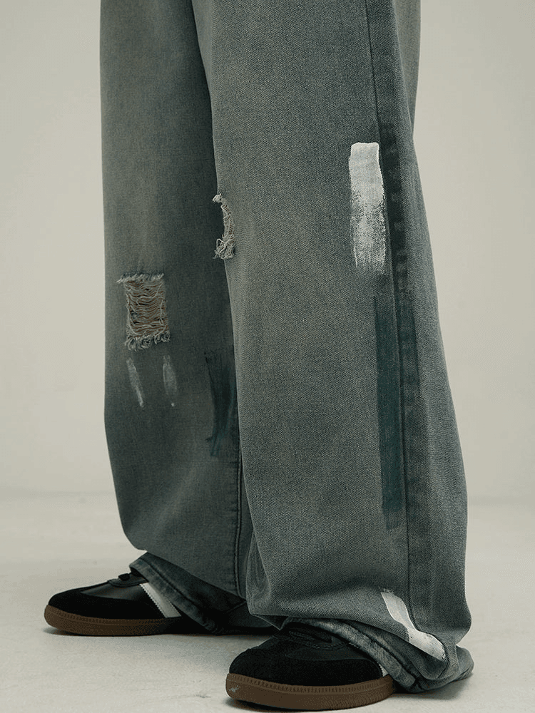 Artistic Wide-Leg Paint Splatter Jeans - chiclara