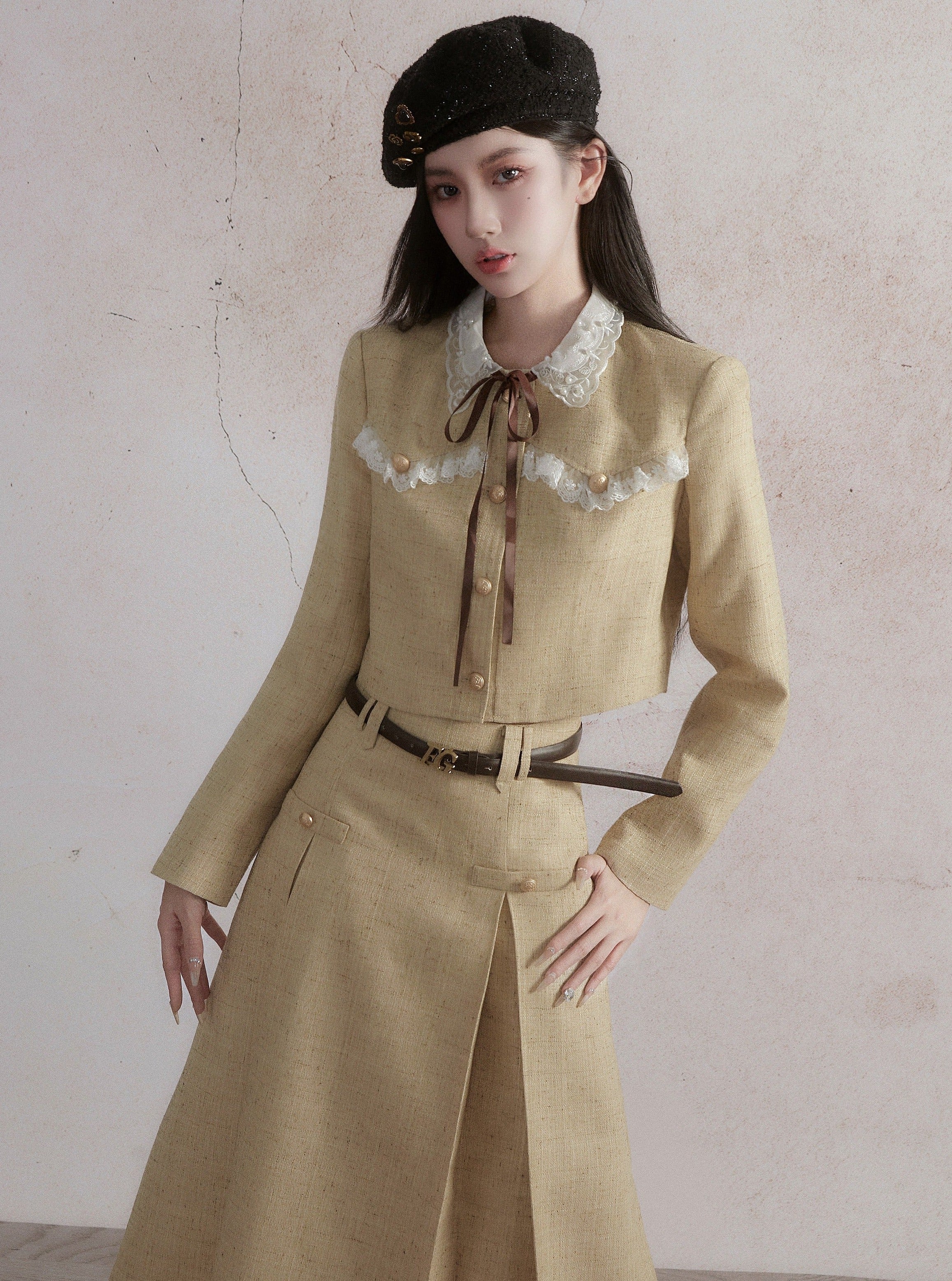 Veste de récolte vintage prairie chic et ensemble de jupe midi midi en ligne - blé doré