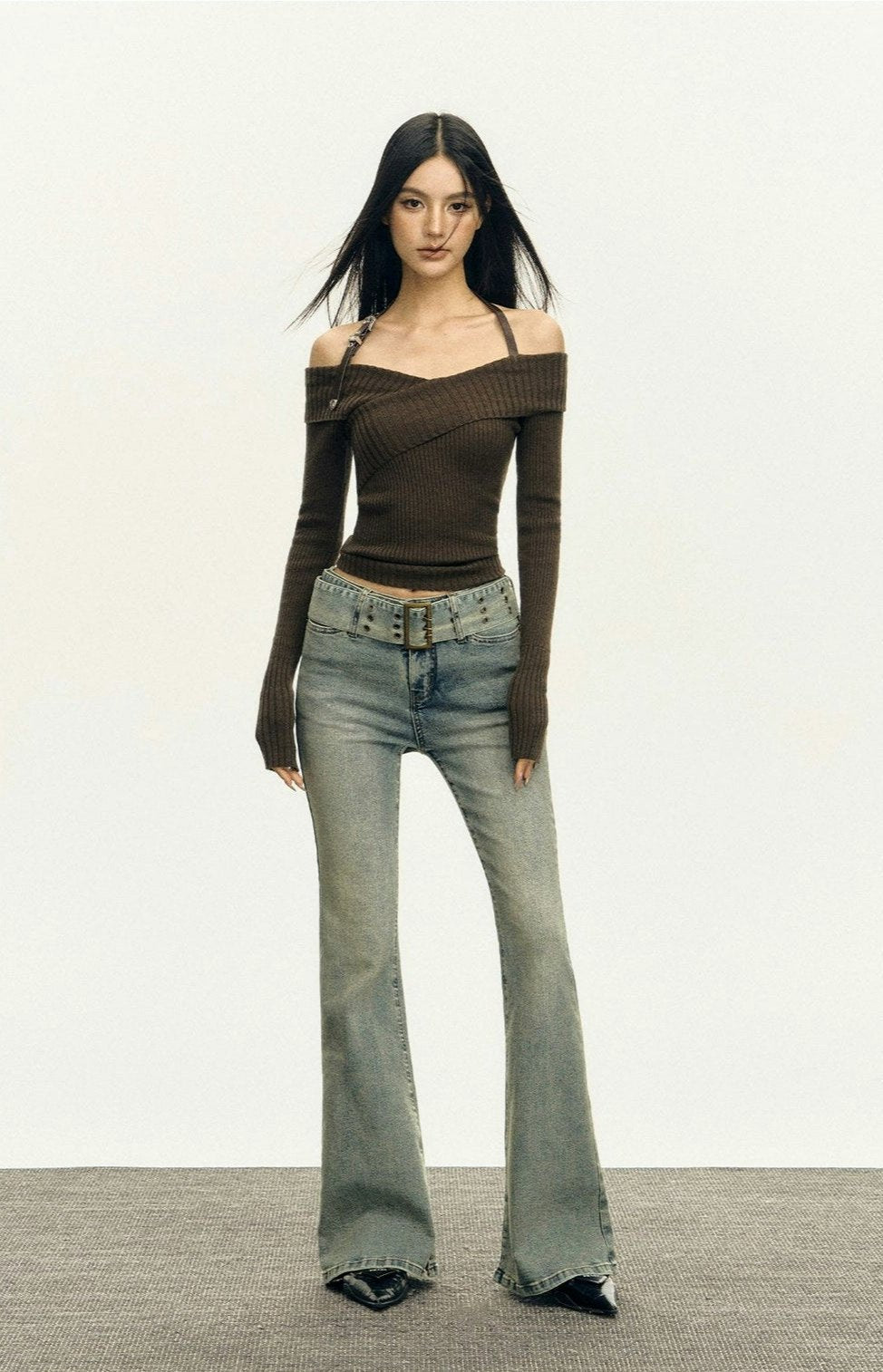 Ribbed Off-Shoulder Brown Knit Top