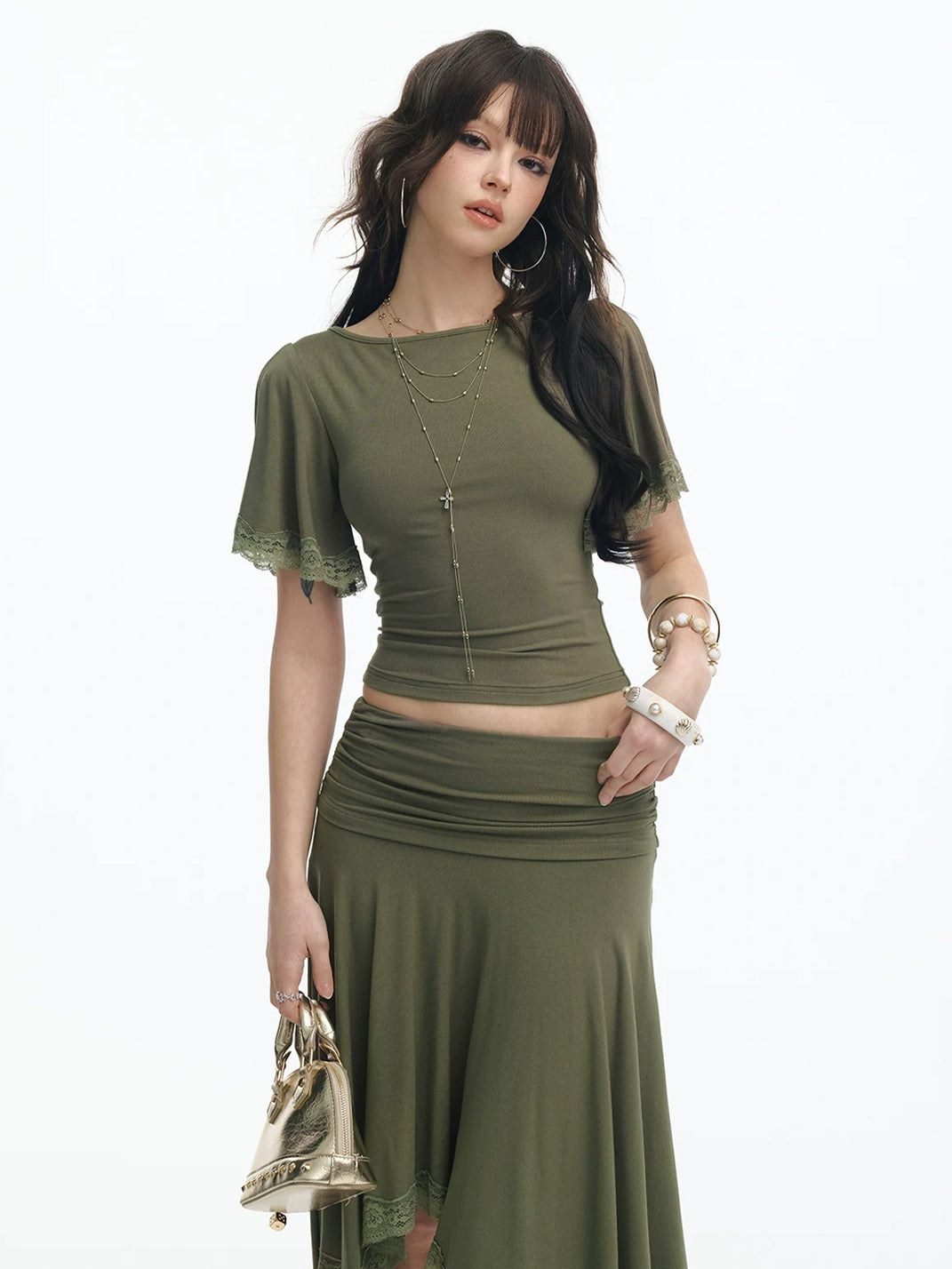 Olive Lace-Edge Crop Top or Draped Asymmetric Skirt - view 3