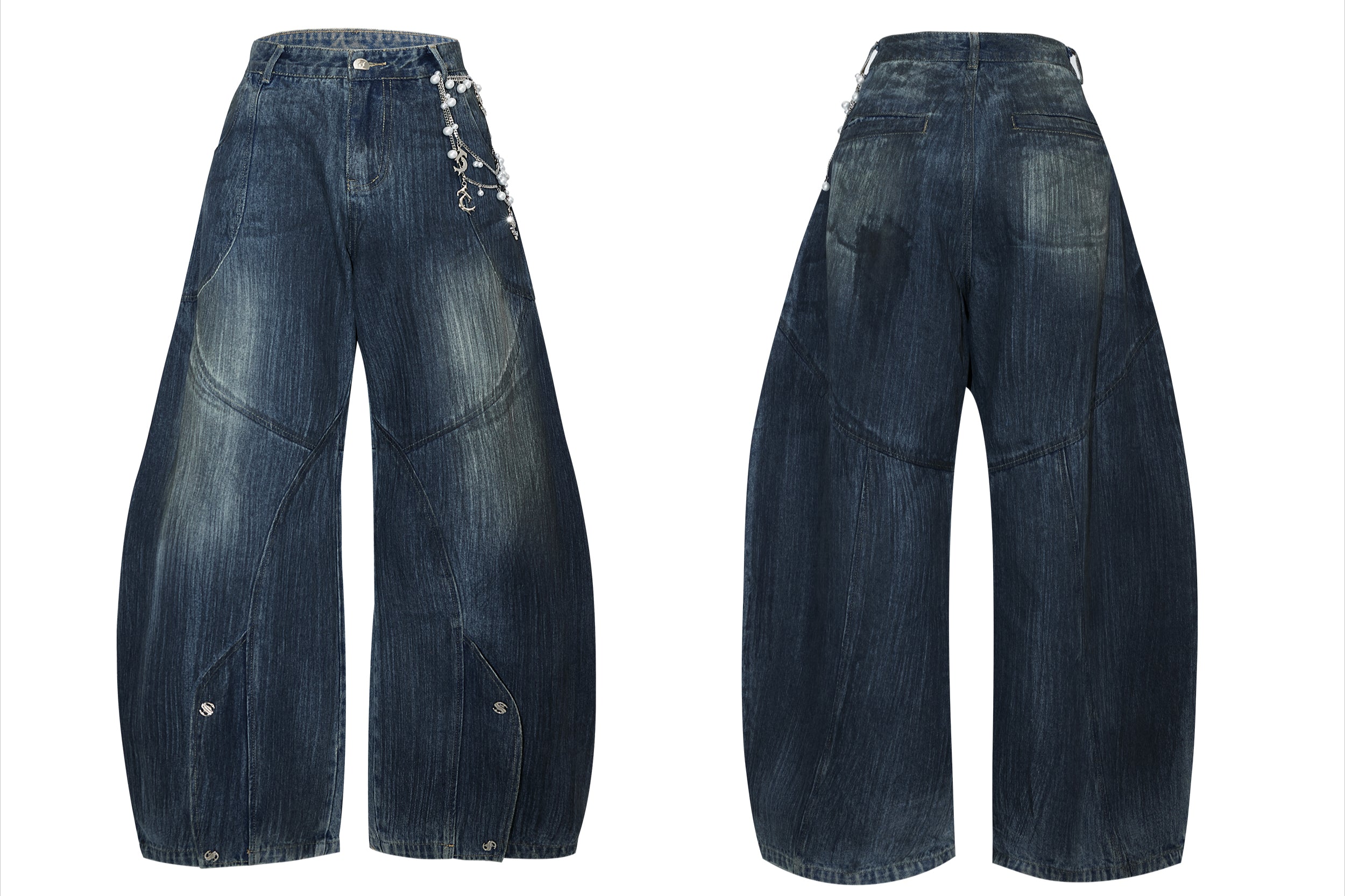 사이드 버튼 디테일이 있는 와이드 레그 배기 진