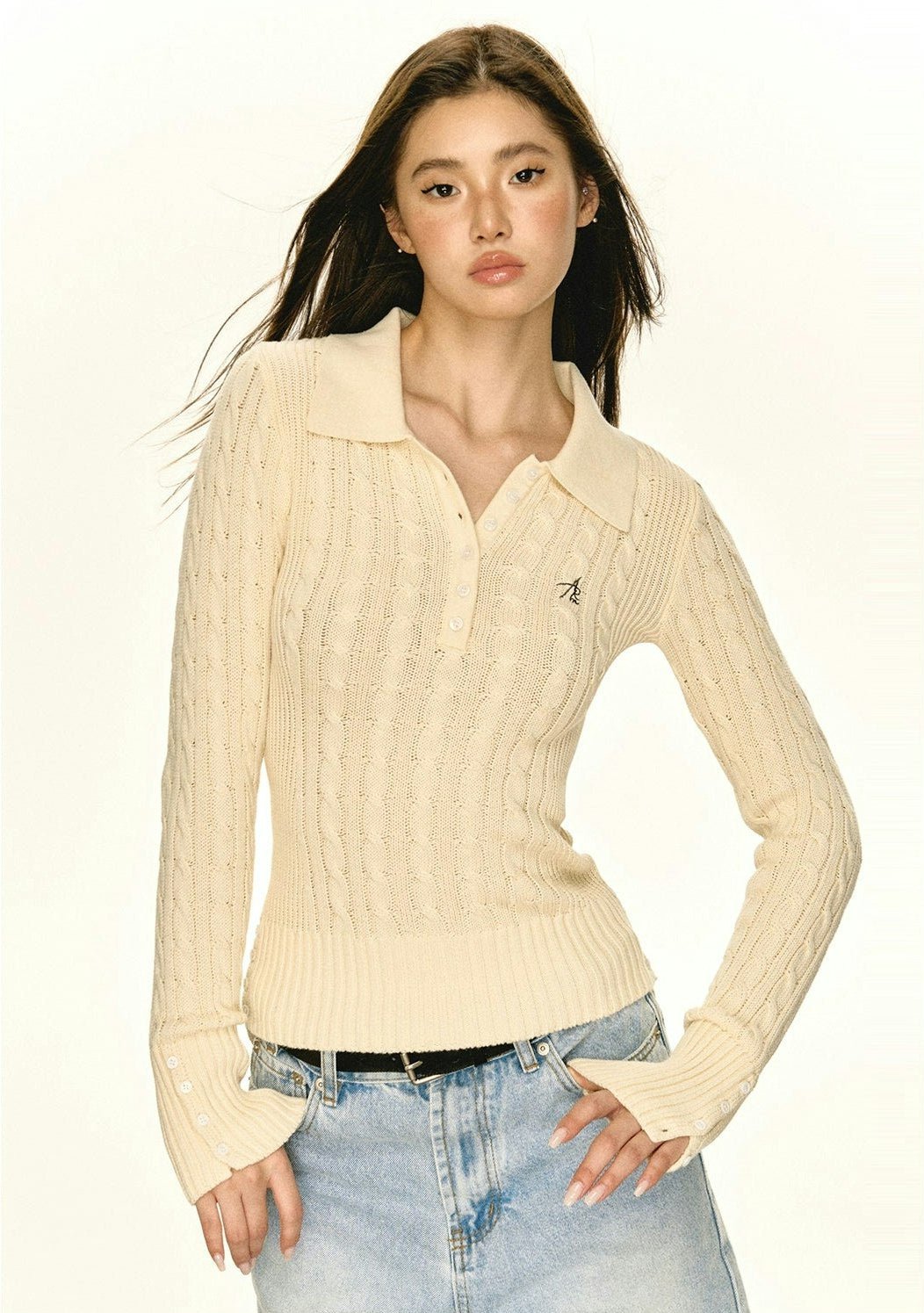 Half-Button Cable Knit Polo Sweater