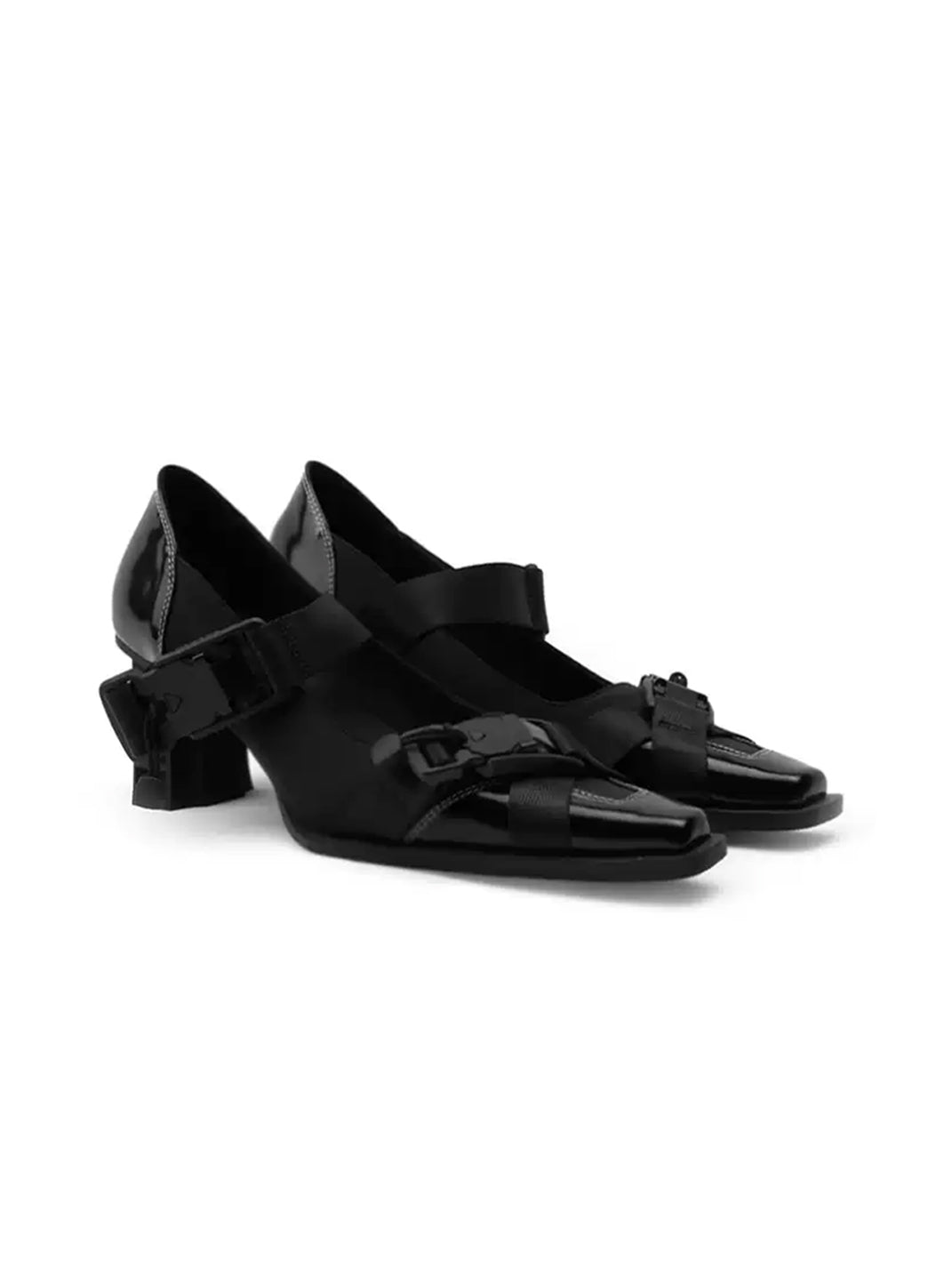 Contrast-Stitch Double-Strap Square-Toe Heels - view 6