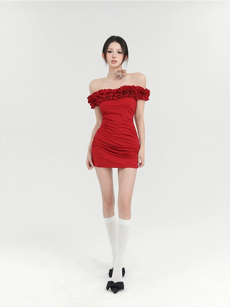 Red Ruffle Shoulder Mini Dress