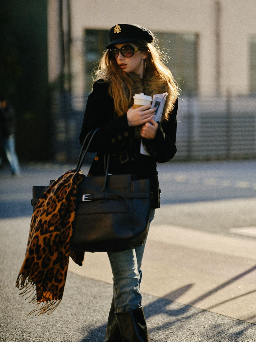 Black Cinched Jacket with Statement Faux-Fur Collar - view 10