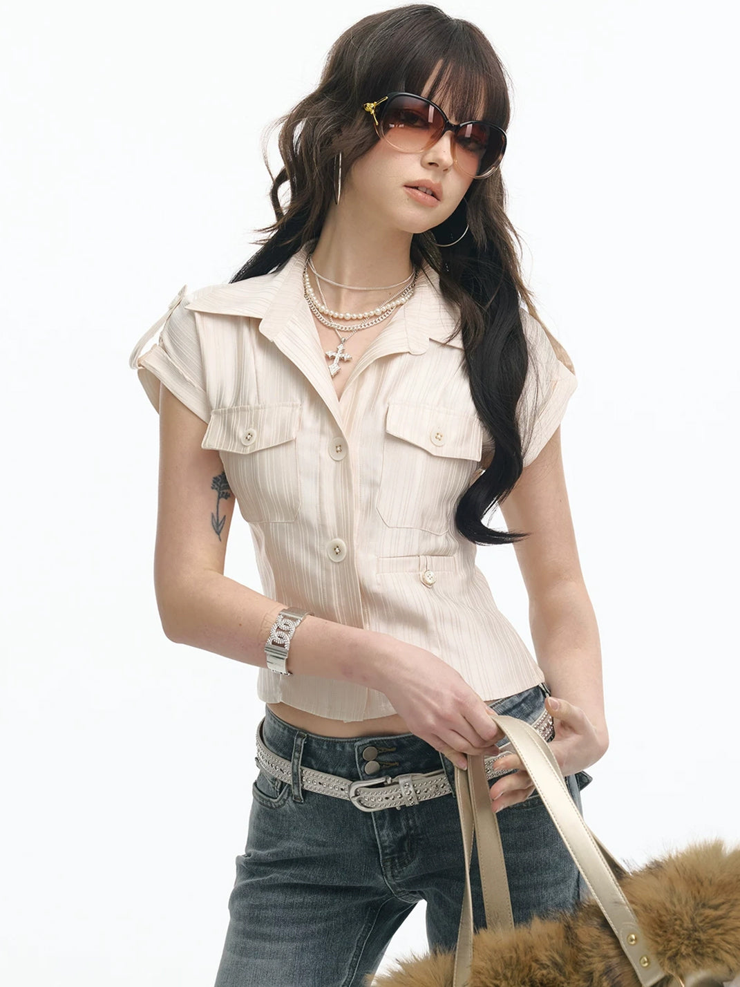Champagne Satin-Stripe Fitted Utility Shirt - view 3