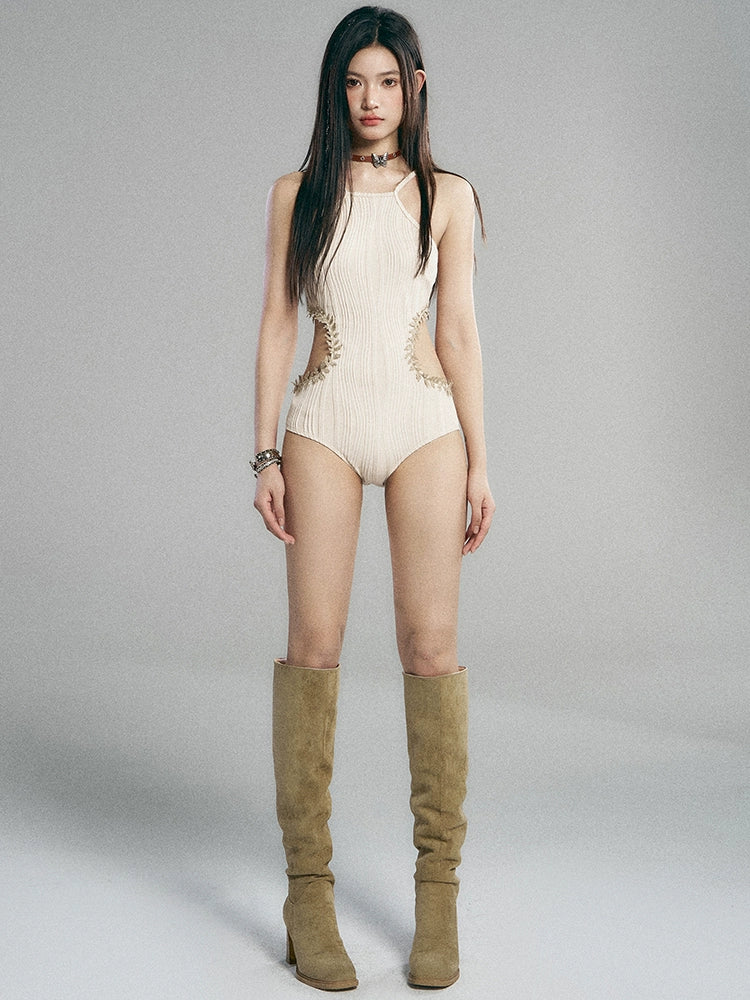 Beige Cutout Ribbed One-Piece Swimsuit