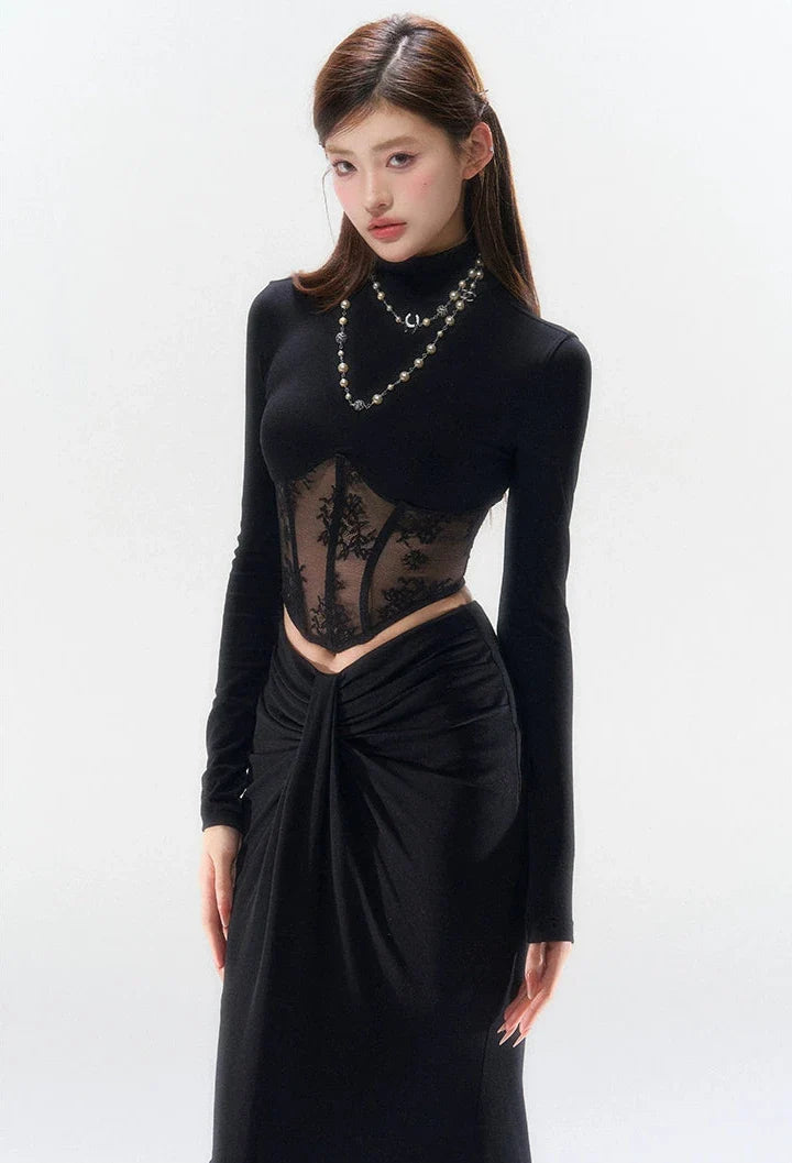 Lace Corset Evening Long Sleeve Top Black / S Lace Corset Evening Long Sleeve Top Black / S