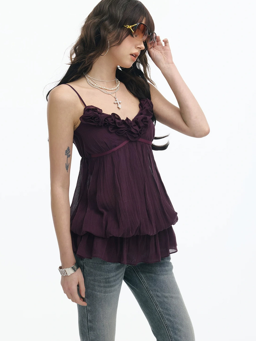 Purple Rosette Ruffle V-Neck Camisole - view 4