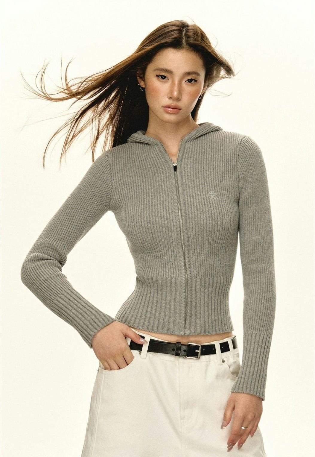 Ribbed Fitted Zip Hooded Sweater
