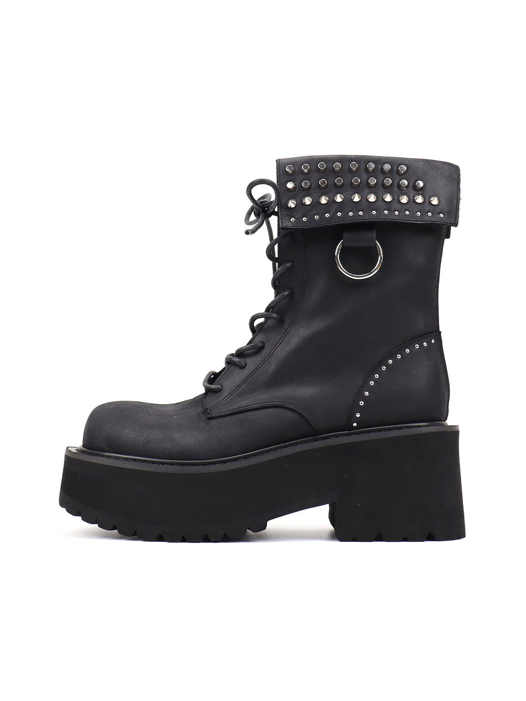 Studded-Cuff Distressed Leather Combat Boots