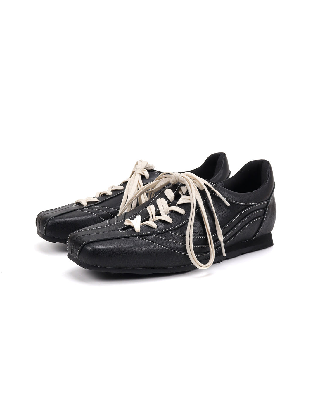 Square-Toe Black Leather Retro Trainers - View 5