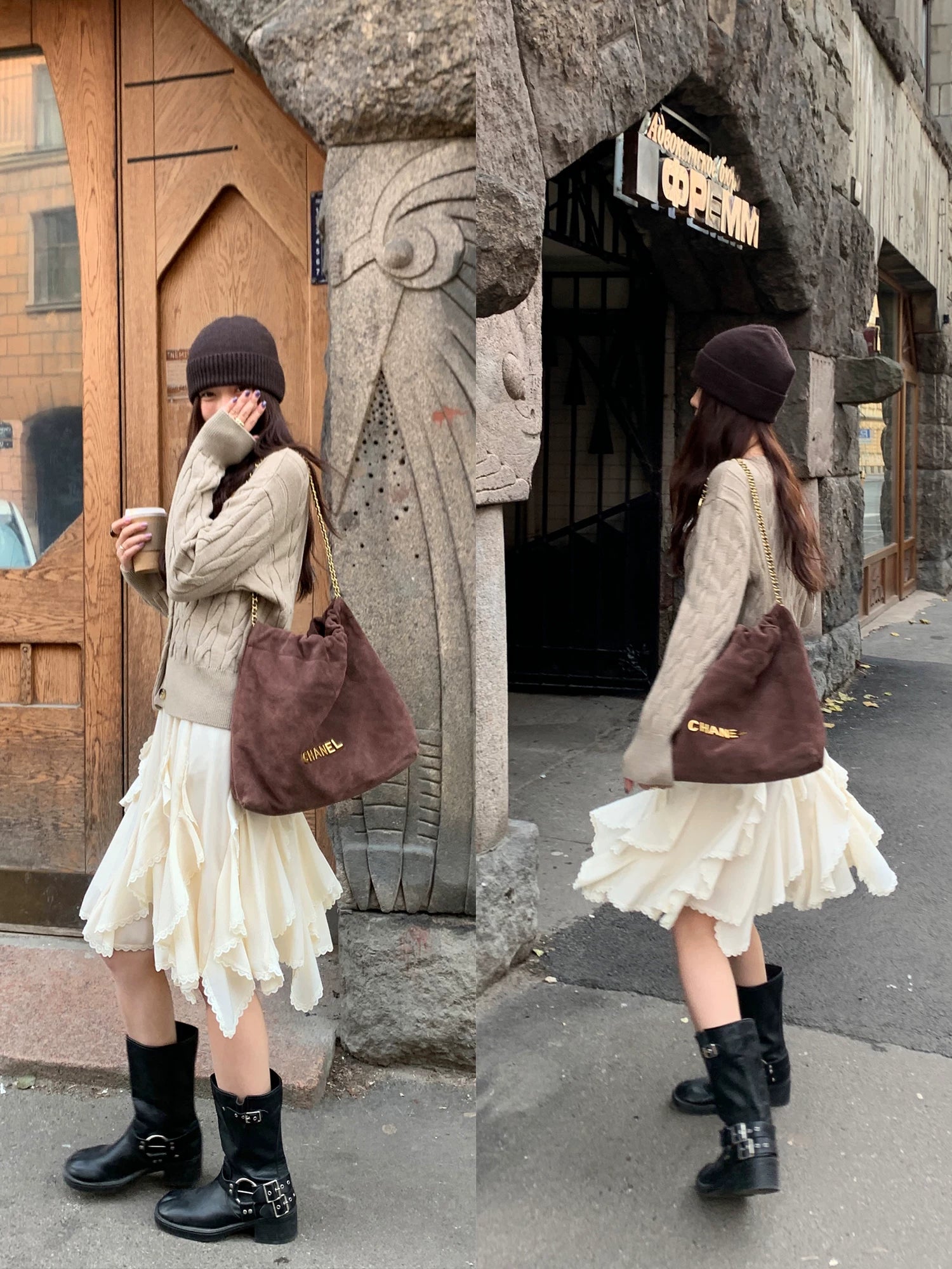 Ivory layered ruffle mini skirt styled with knitwear