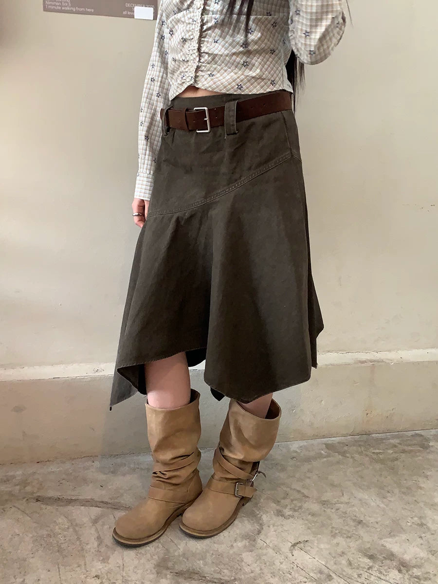 Khaki Green asymmetric panel cotton midi skirt