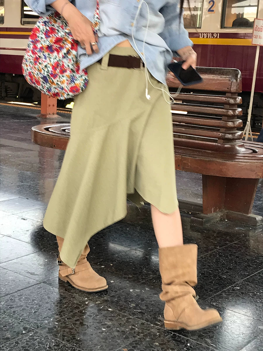 Apricot Khaki asymmetric panel cotton midi skirt