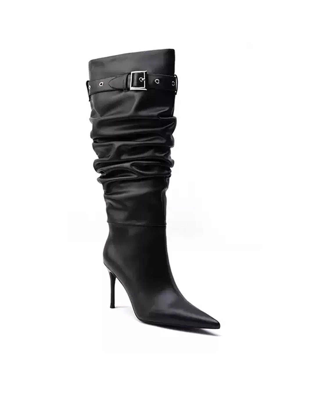 Buckle-Trim Ruched Leather Stiletto Boots - view 8