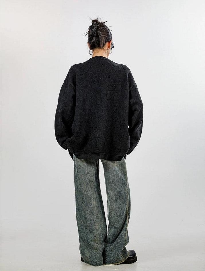 Ribbed Trim Oversized Button Zip Knit Cardigan