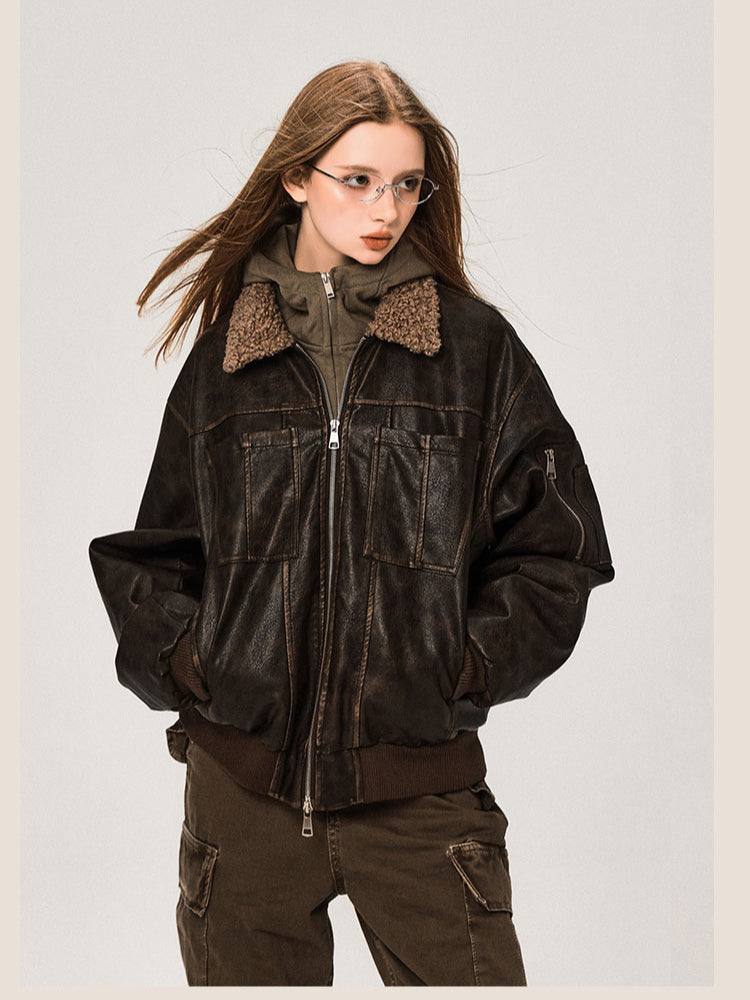 Veste en cuir PU avec col en laine d'agneau