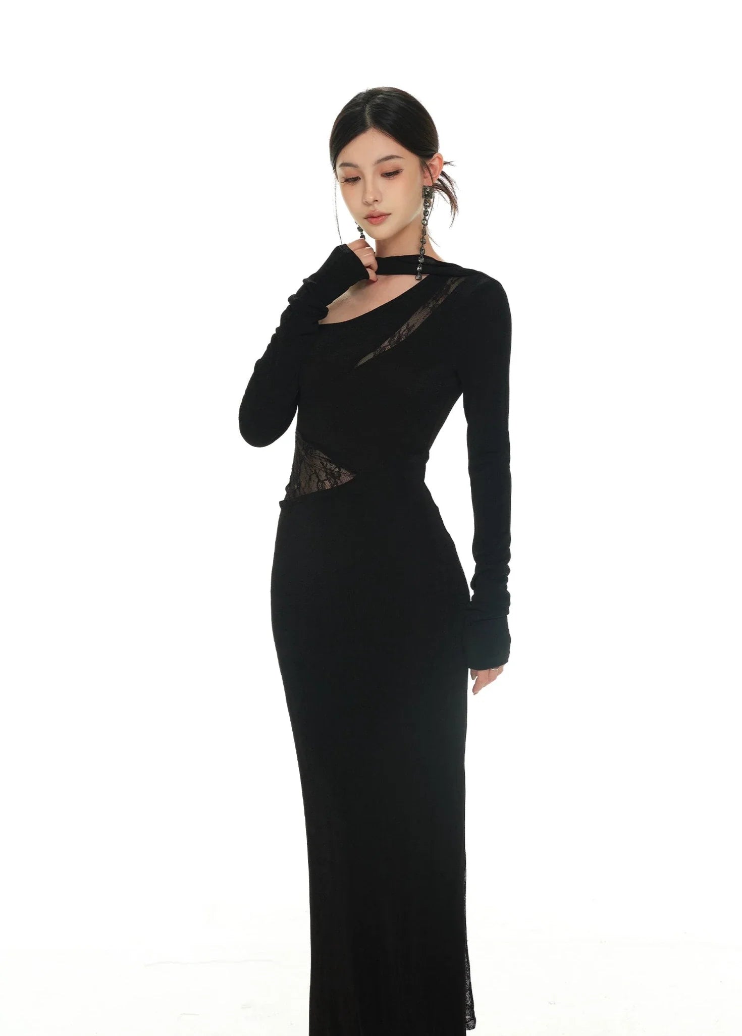 Black Asymmetric Neckline and Lace Inserts Long Evening Gown
