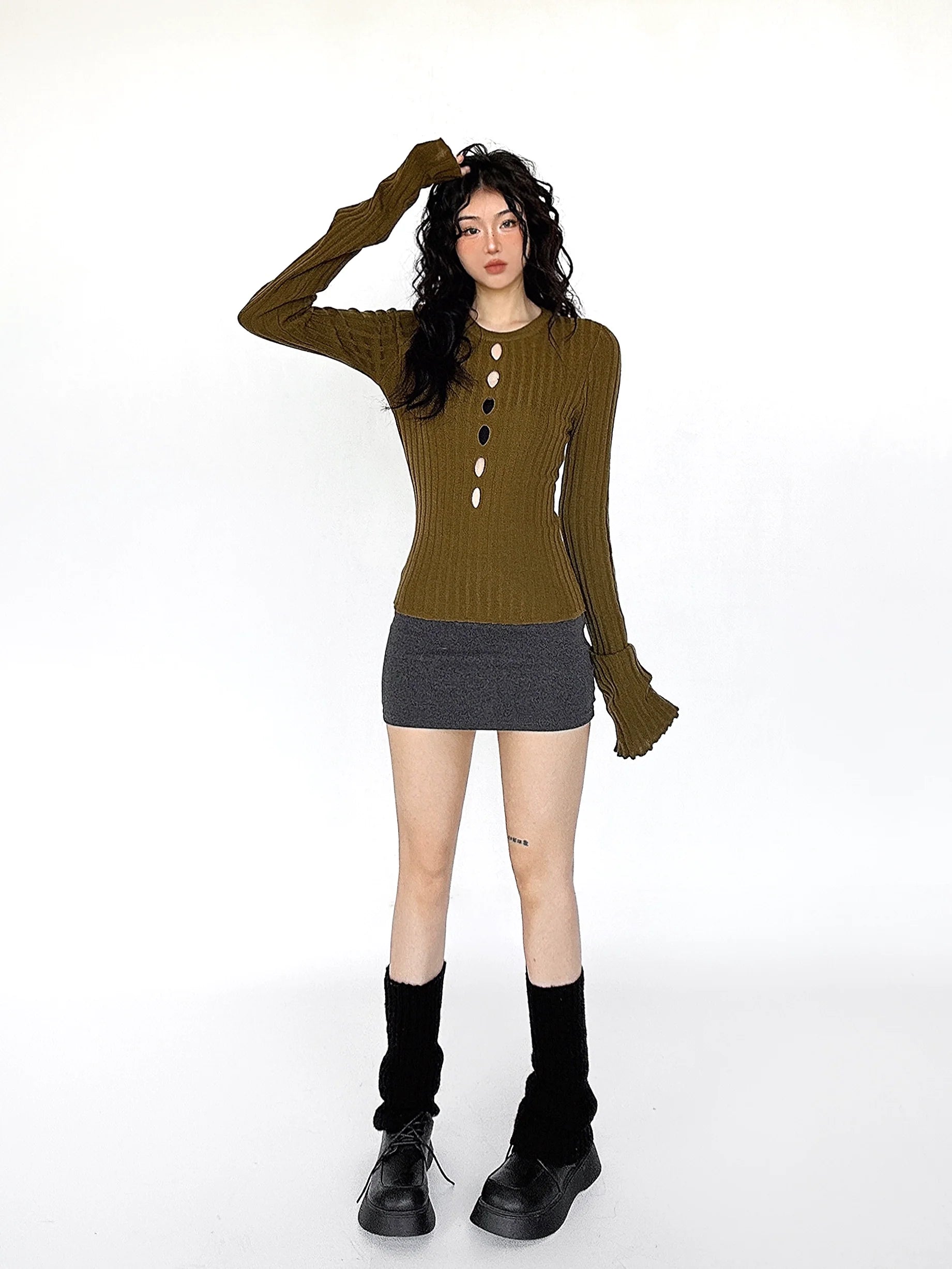 Cutout Ribbed Bell Sleeve Top