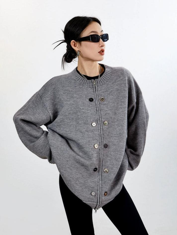 Ribbed Trim Oversized Button Zip Knit Cardigan