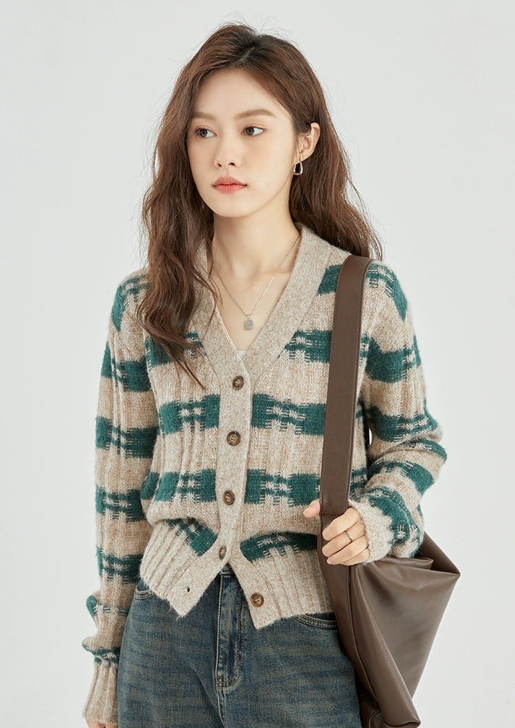 Green and Beige Plaid Knit Cardigan