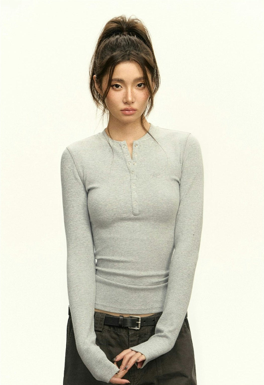 Ribbed Henley Crew Neck Crop Top