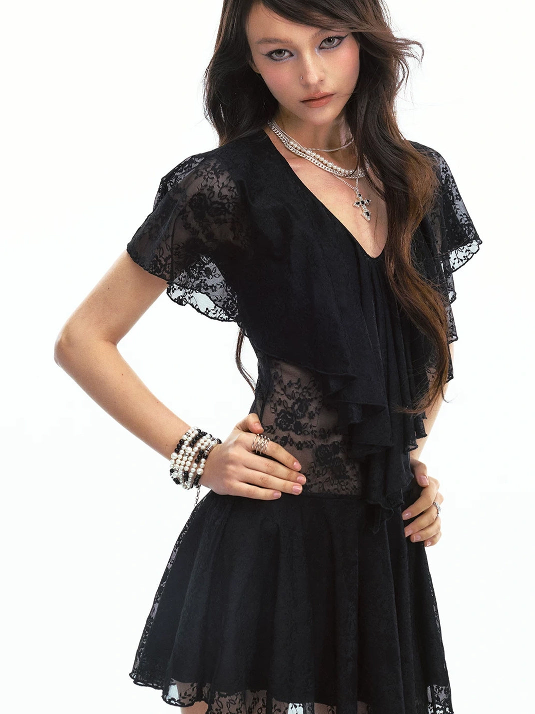 Black Flutter-Ruffle Lace-Waist Mini Dress - view 2