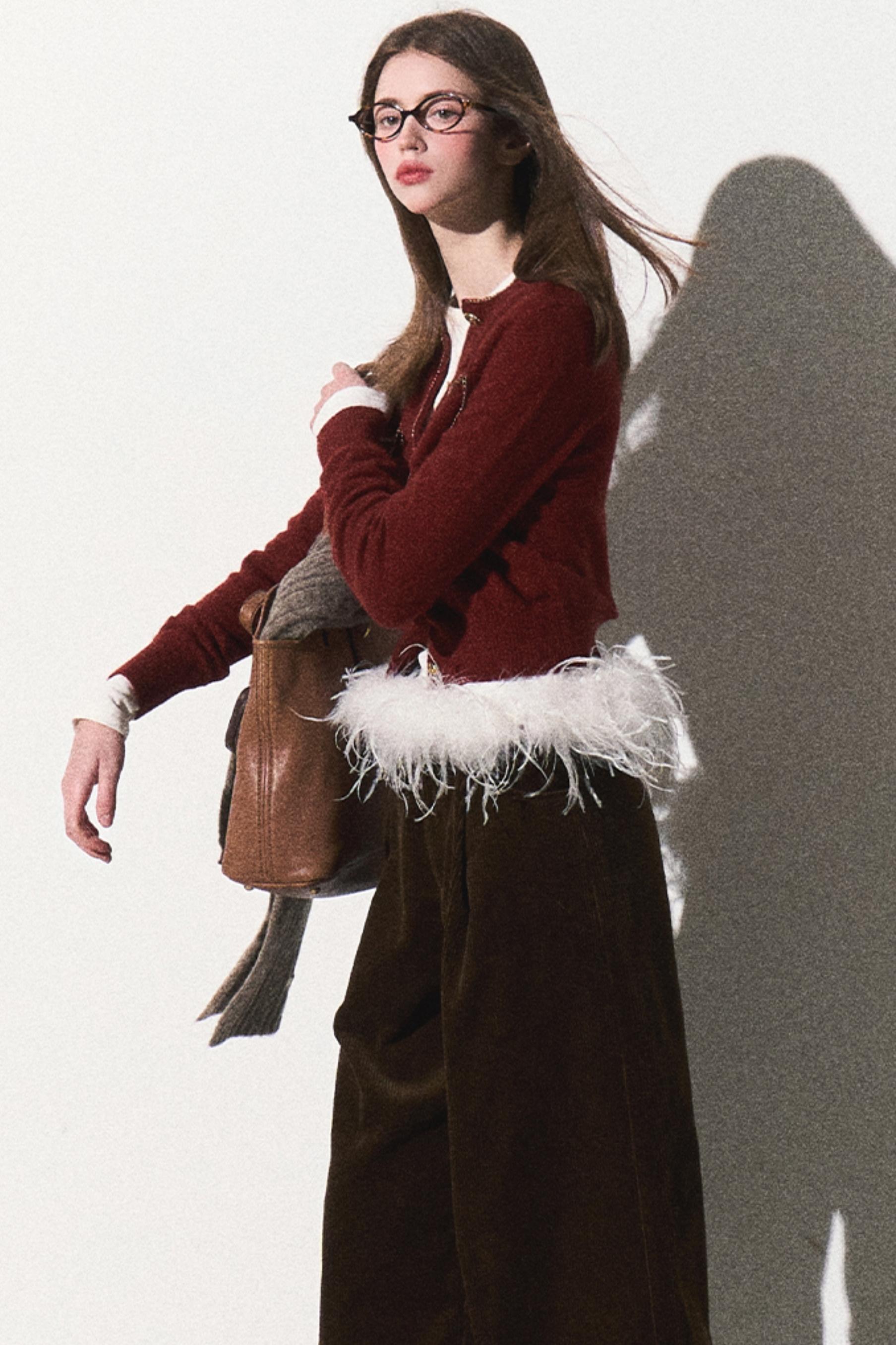 Burgundy Feather Trim Button Cardigan