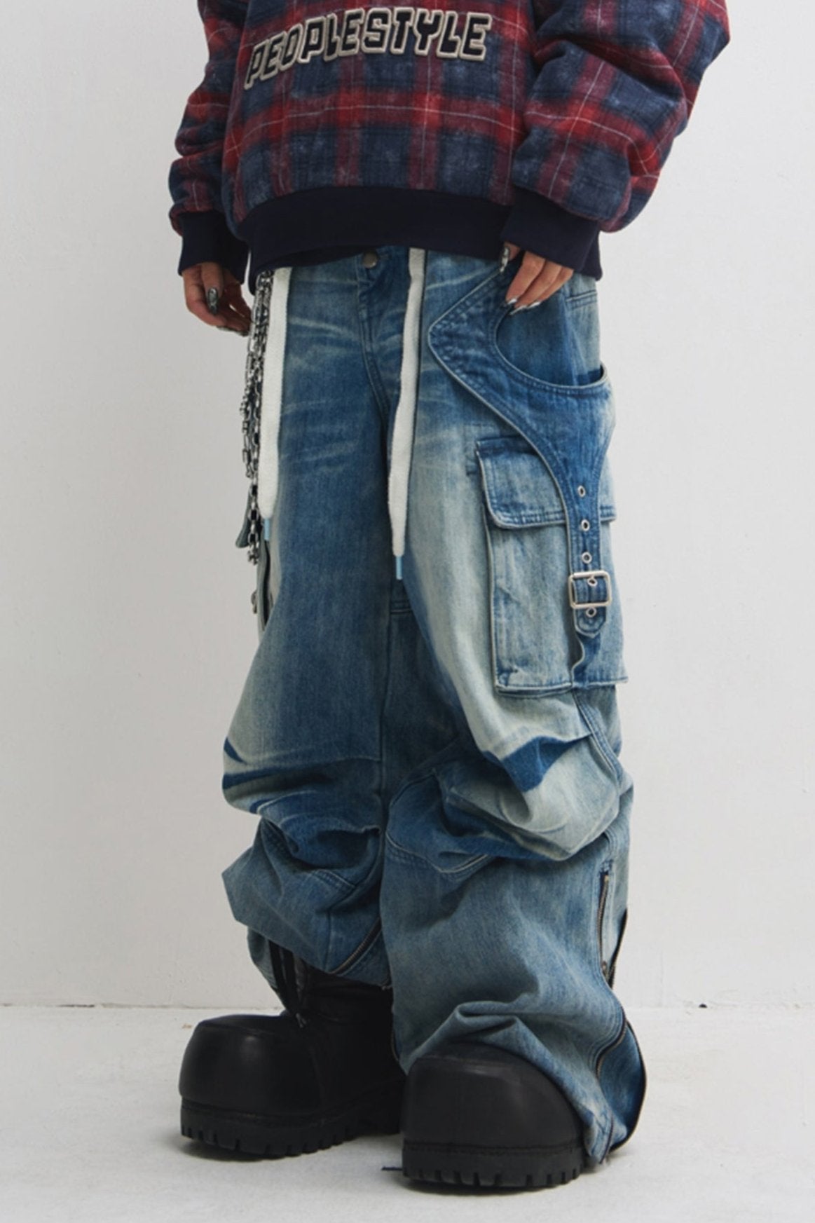 Men's Shaped Breasted Pleated Wide-Leg Jeans