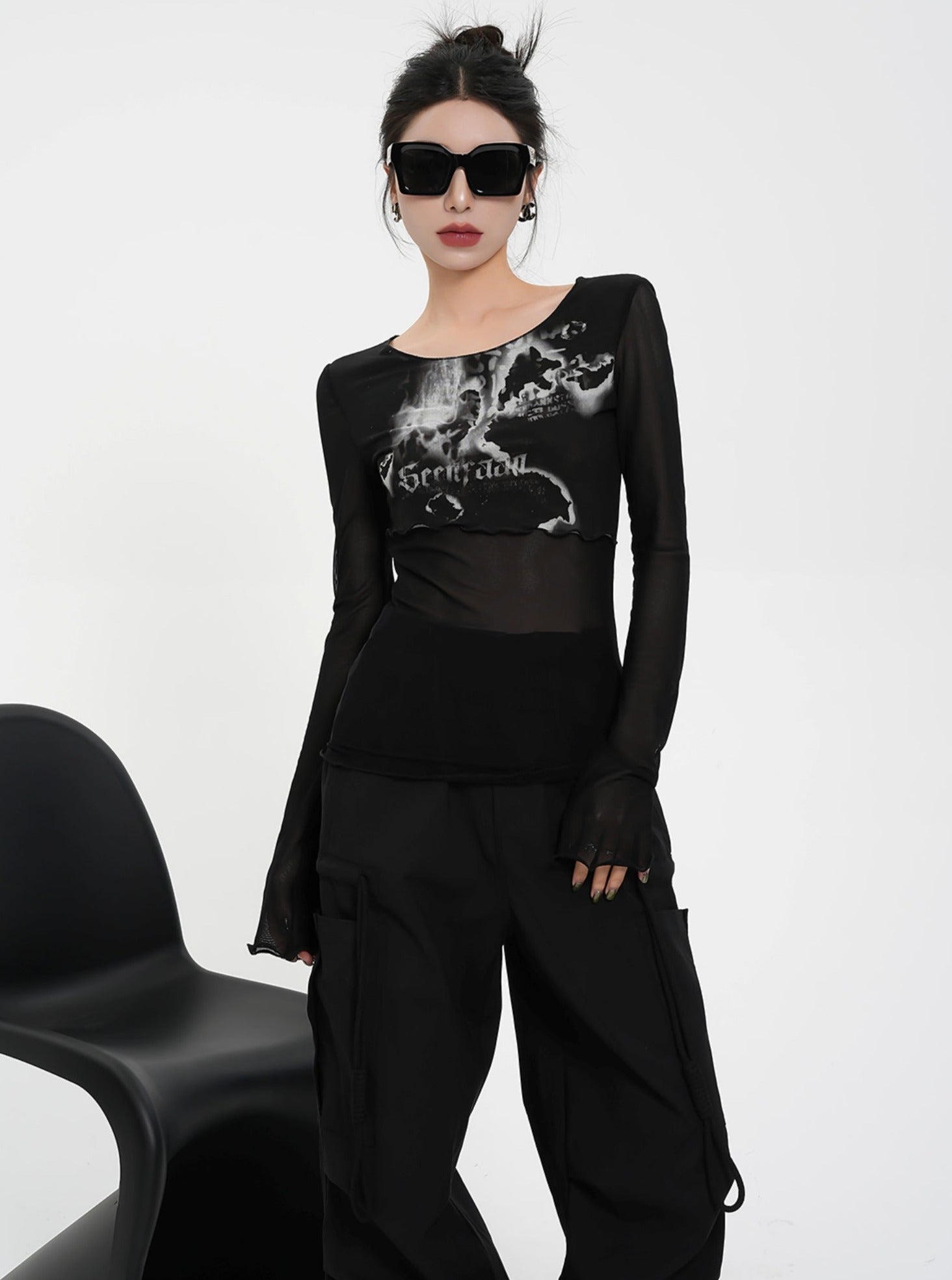 Blumengrafik Langarm Crop Top - Romantischer Druck angepasstes T -Shirt
