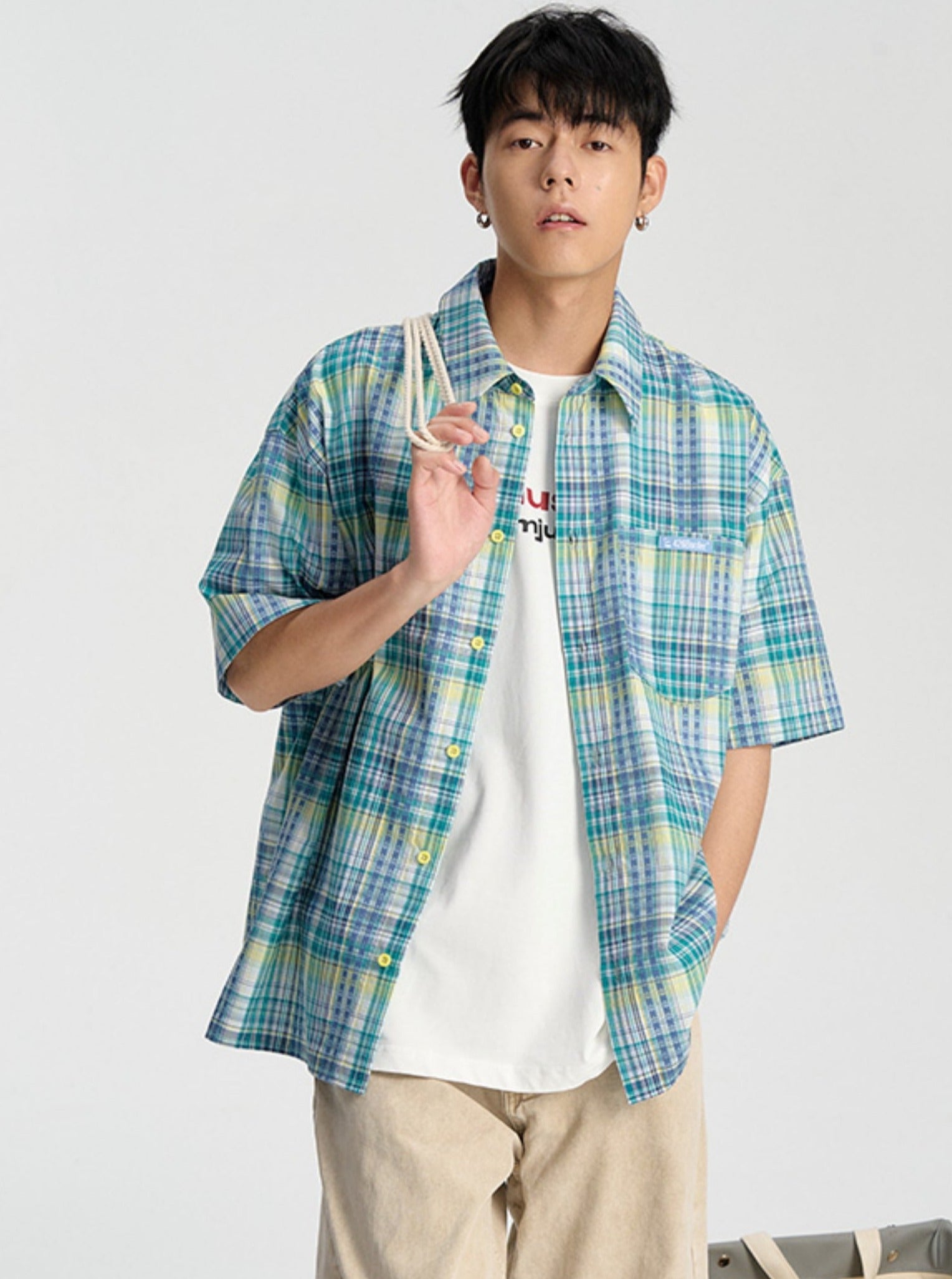 Summer Shirt with Embroidered Checkered Pattern - chiclara