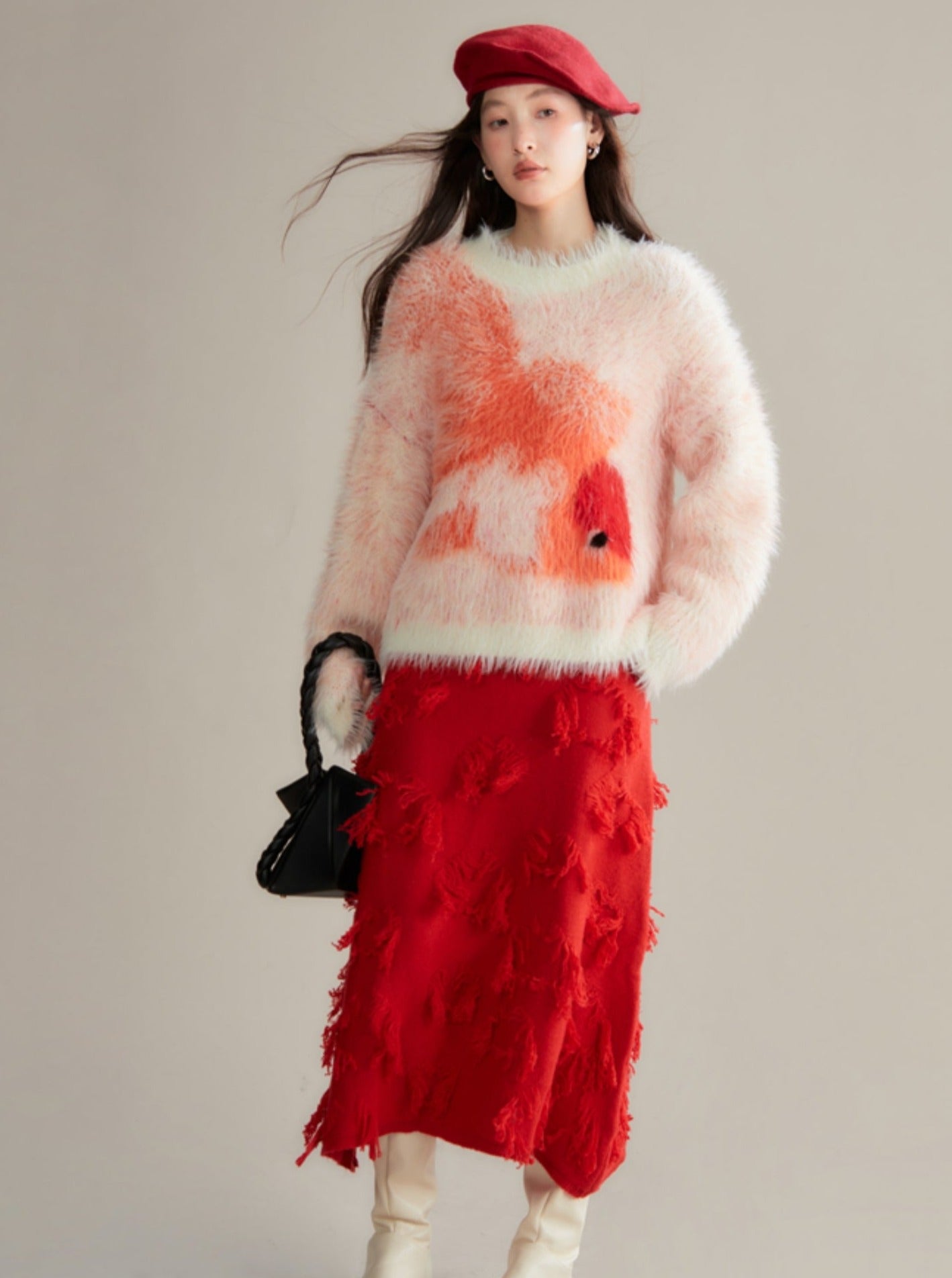 Red Distressed Midi Rock mit ausgefranster Textur