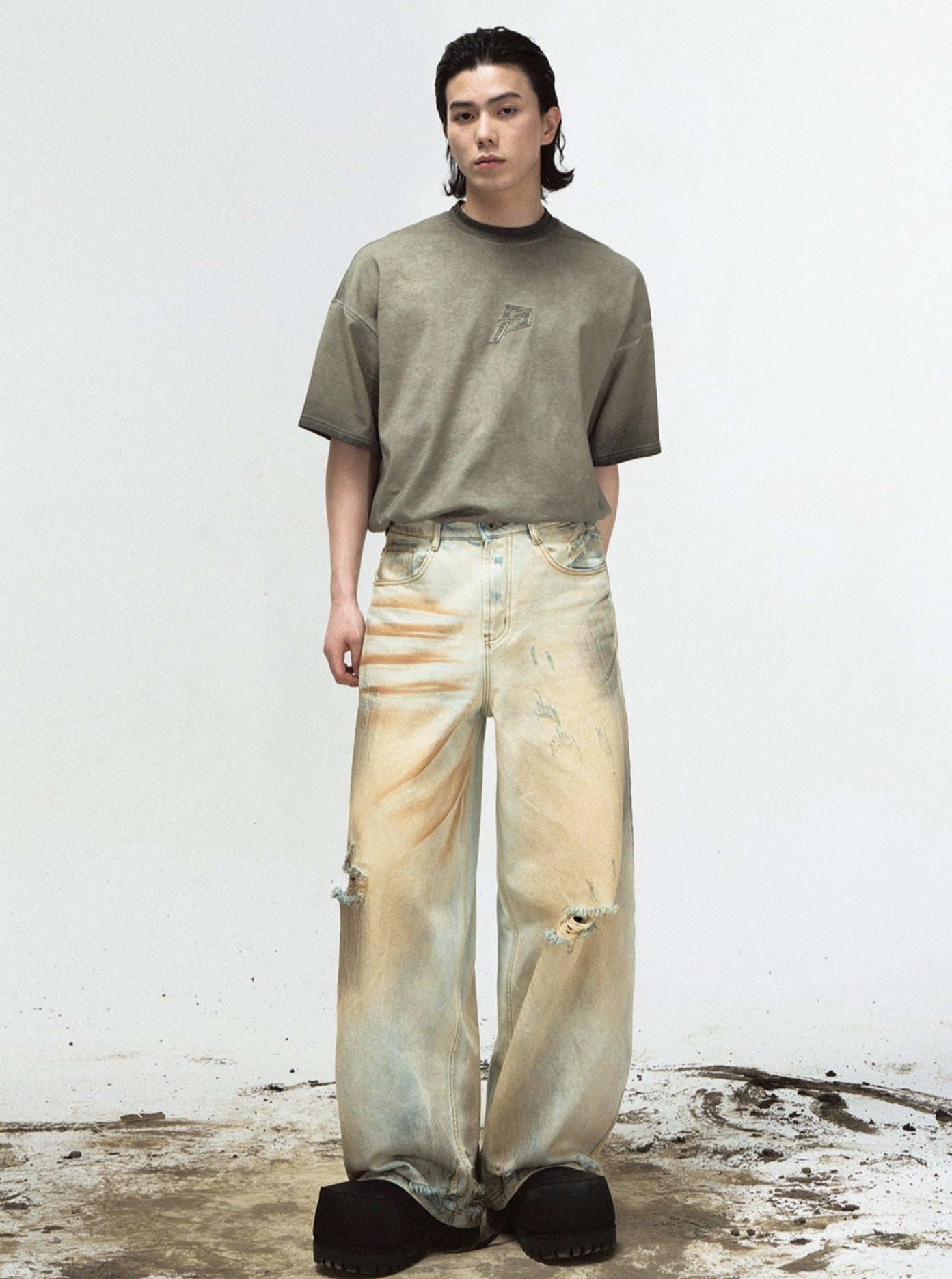 Men's Retro Ripped Yellow Denim Pants