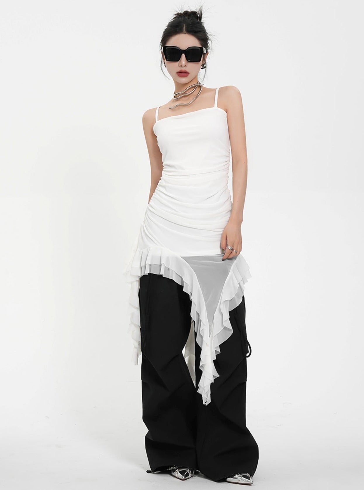 비대칭 러플 헴 미니 드레스 - 스파게티 스트랩 바디콘 칵테일 드레스