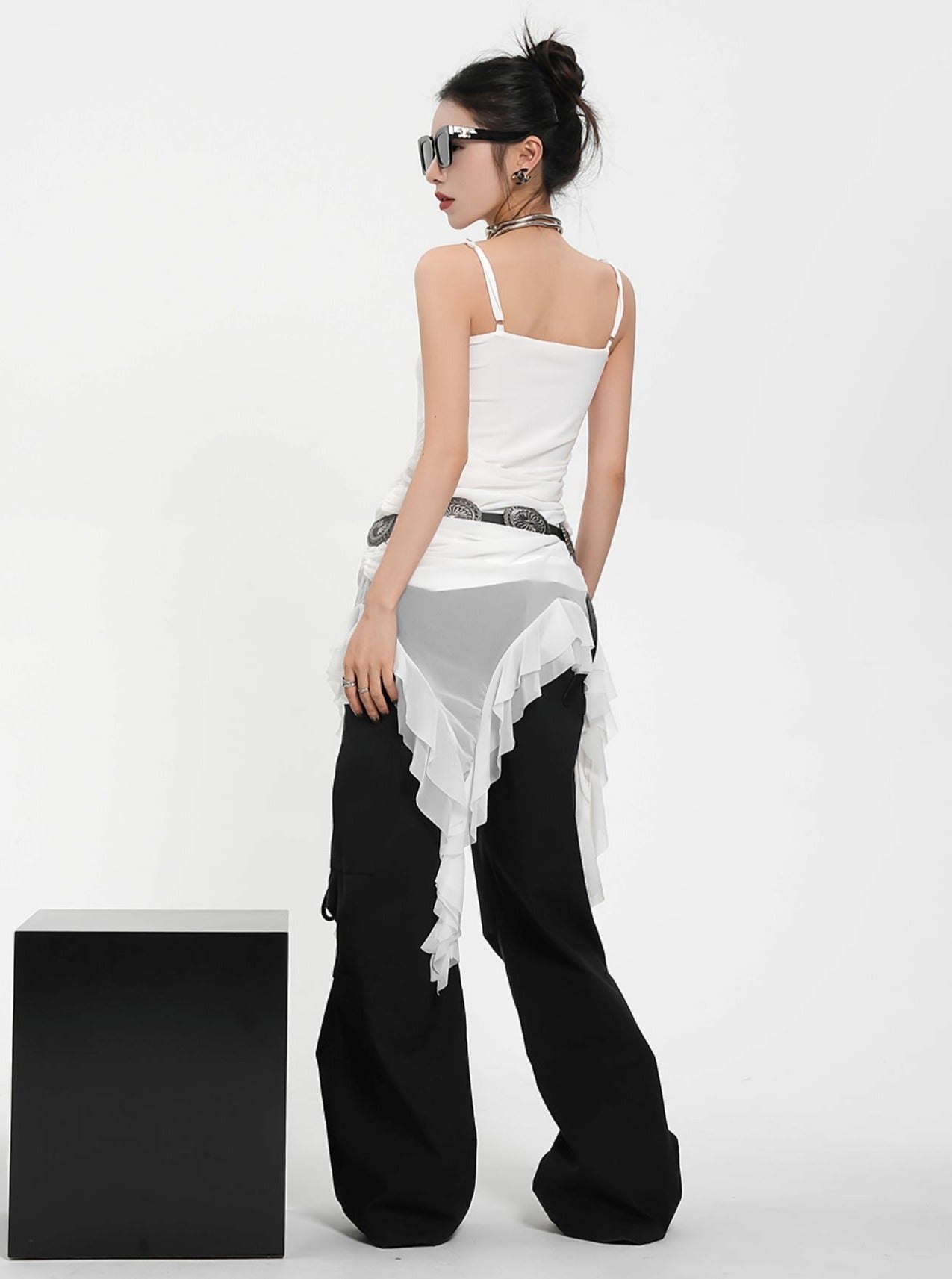 비대칭 러플 헴 미니 드레스 - 스파게티 스트랩 바디콘 칵테일 드레스