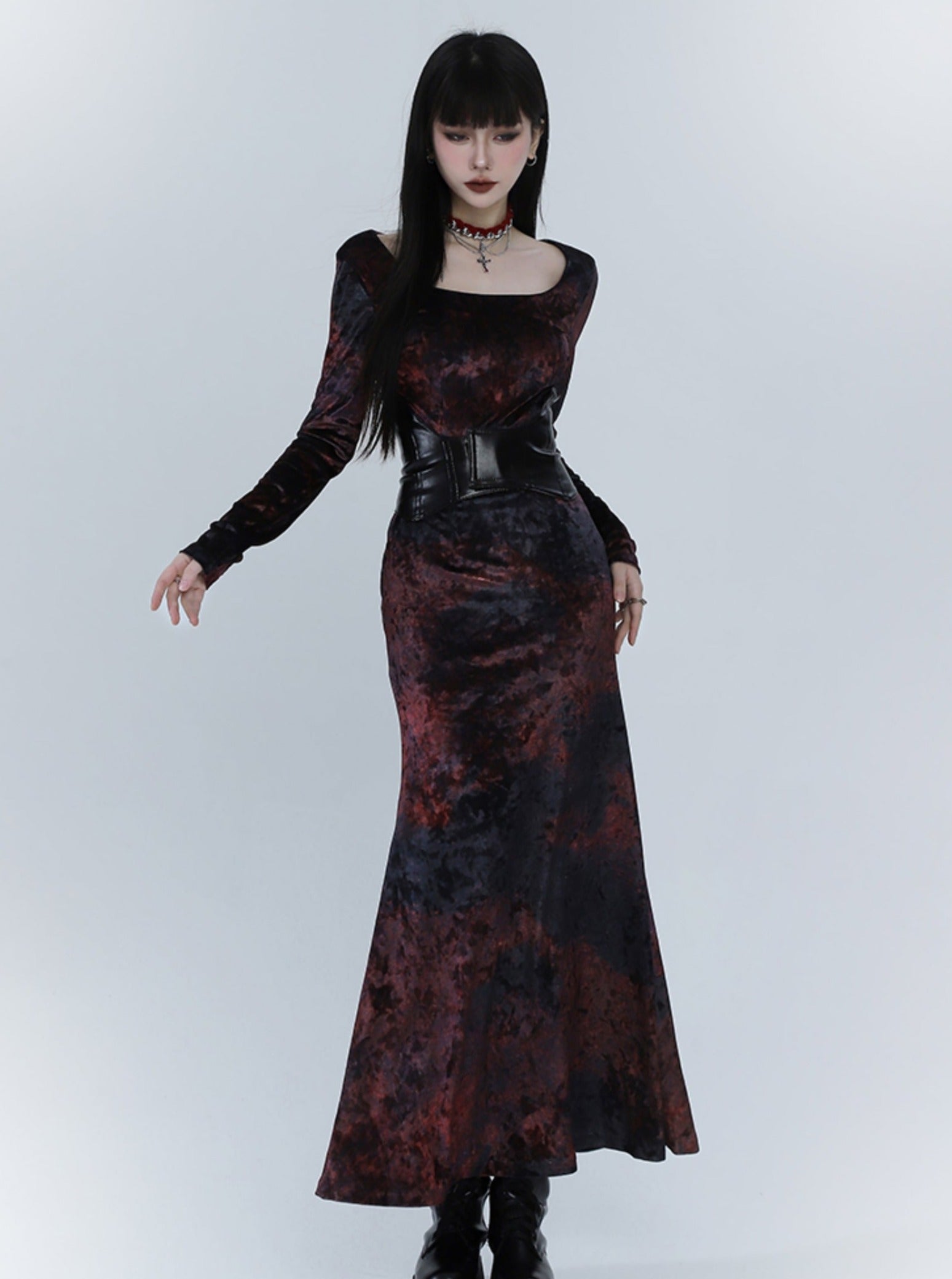 Black And Red Velvet Fishtail Dress - chiclara