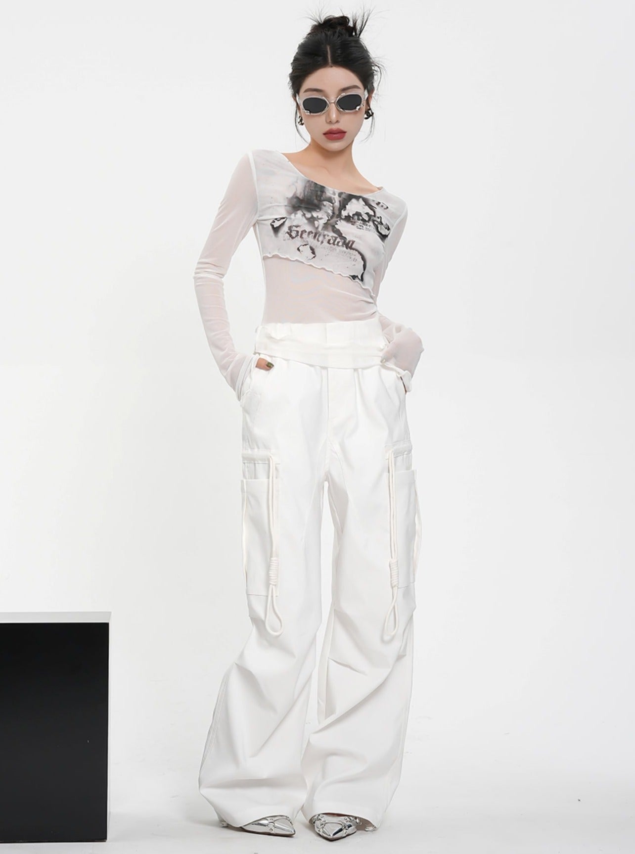 Blumengrafik Langarm Crop Top - Romantischer Druck angepasstes T -Shirt