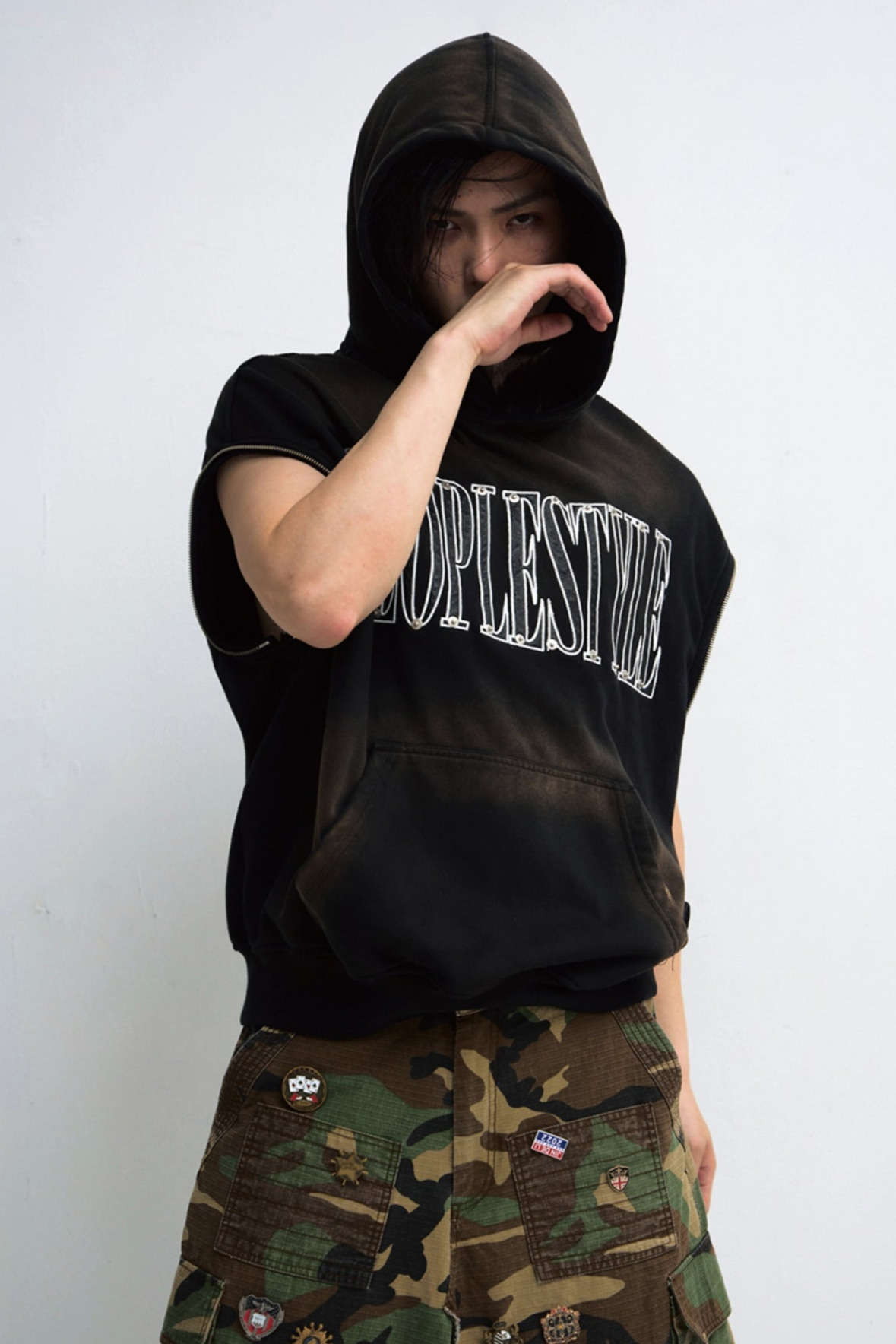 Men's Baggy Gradient Distressed Hooded Sweatshirt