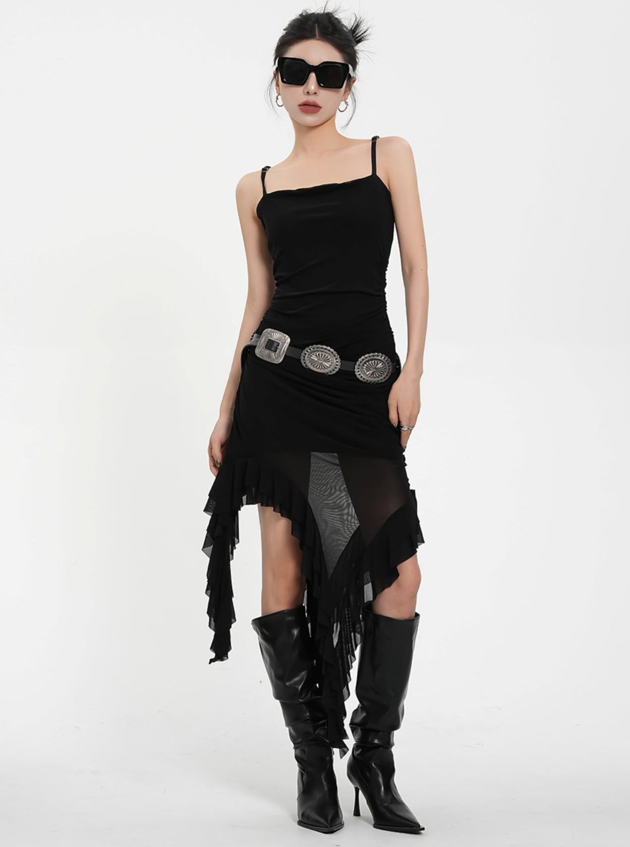 비대칭 러플 헴 미니 드레스 - 스파게티 스트랩 바디콘 칵테일 드레스