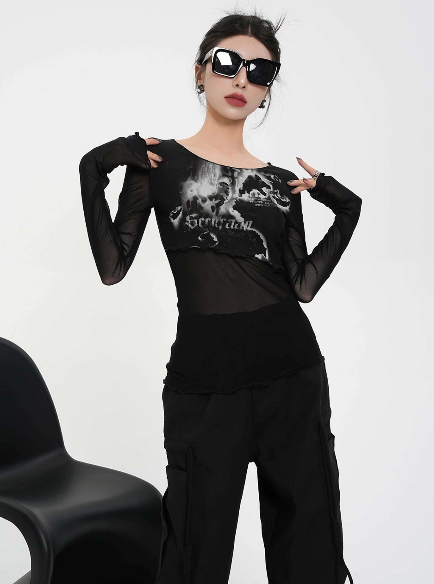 Blumengrafik Langarm Crop Top - Romantischer Druck angepasstes T -Shirt