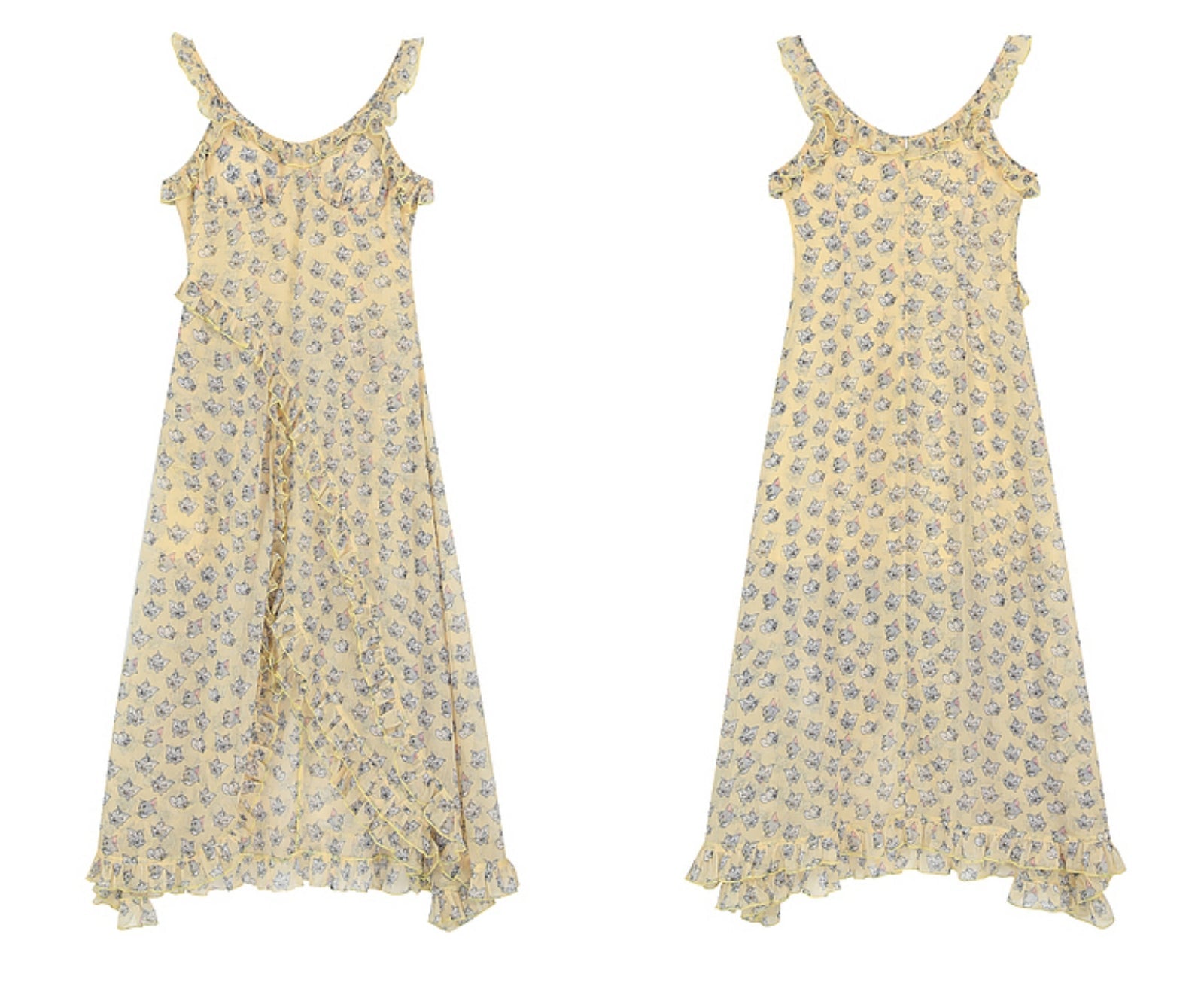 버터플라이 프린트 러플 미디 드레스