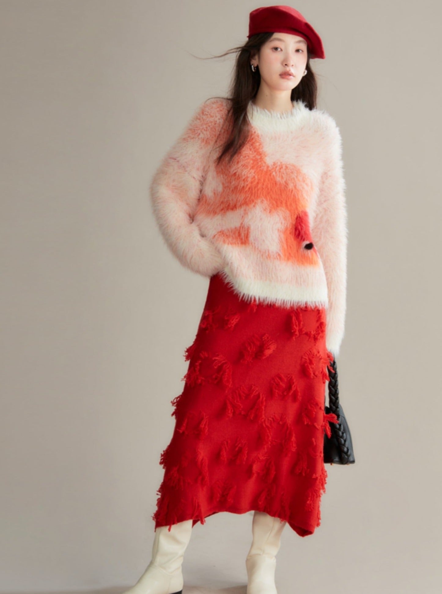Red Distressed Midi Rock mit ausgefranster Textur
