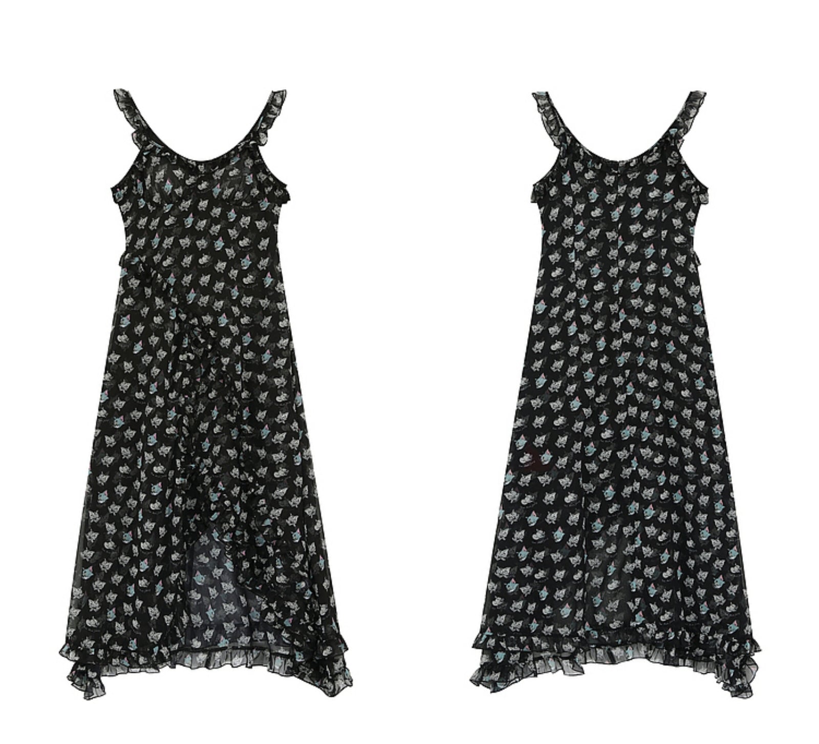 버터플라이 프린트 러플 미디 드레스