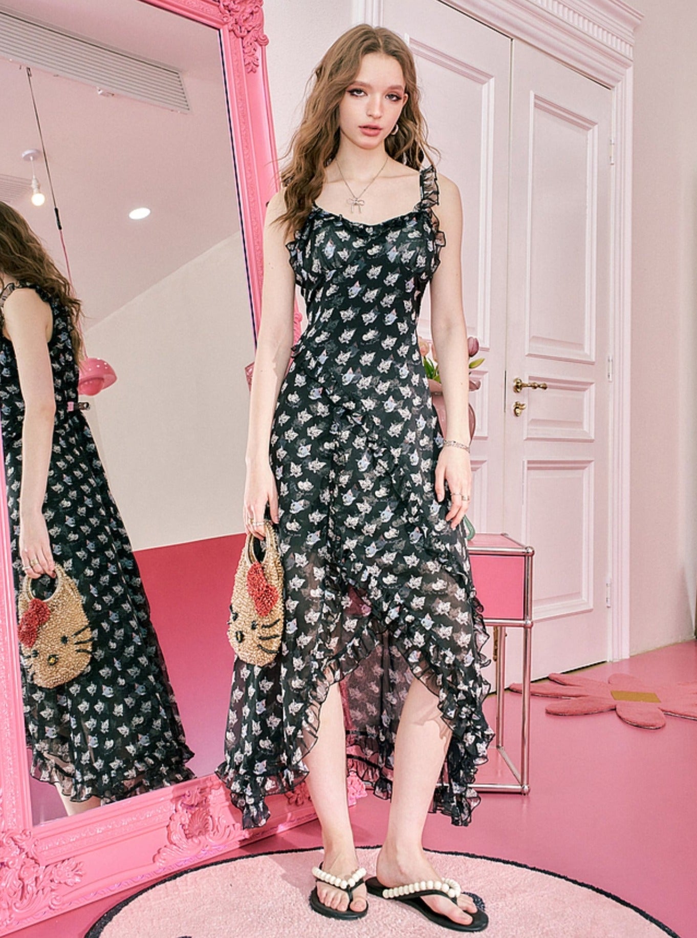 버터플라이 프린트 러플 미디 드레스