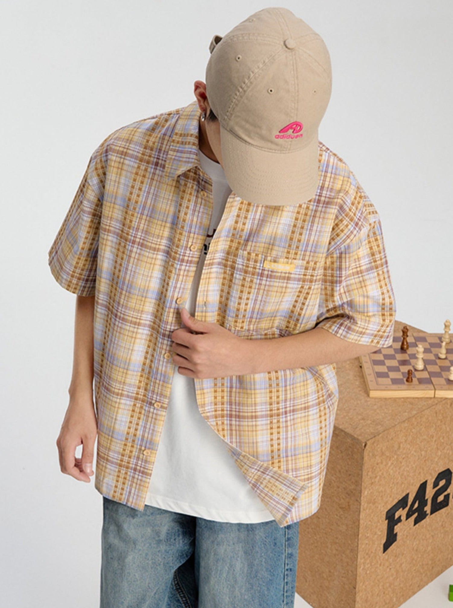 Summer Shirt with Embroidered Checkered Pattern - chiclara