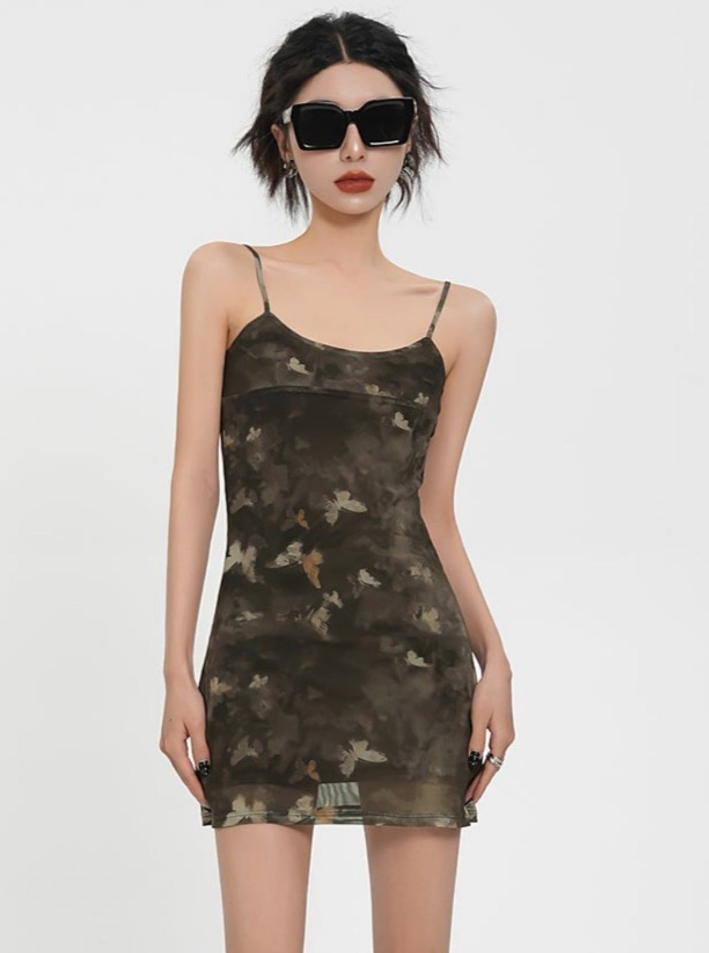 Tarndruck Maxi Slip -Kleid - Spaghetti -Gurtseite Schlitz -Camo -Kleid